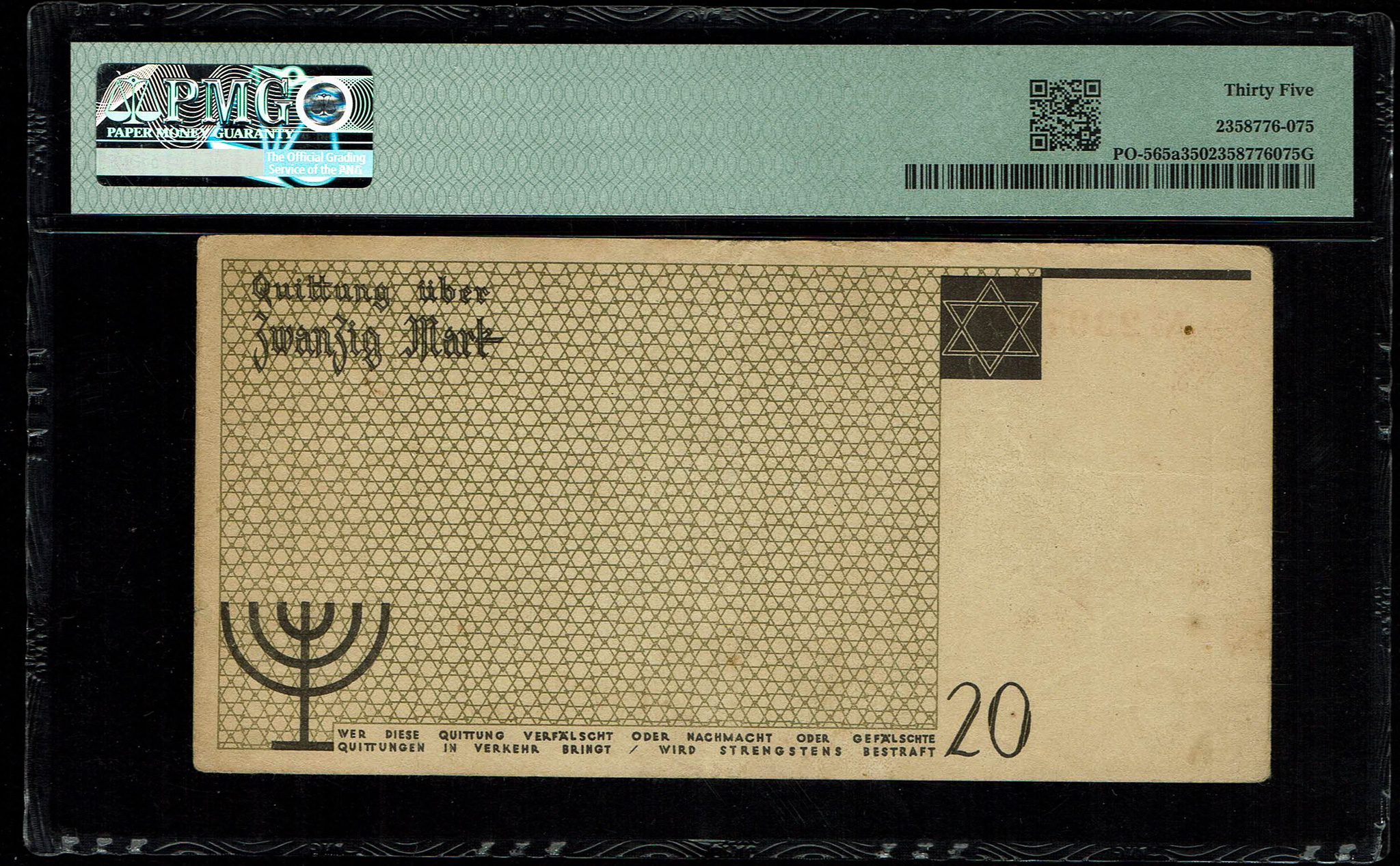 Holocaust, Ghetto Banknotes - Poland - Lodz Ghetto - 20 Mark 1940 - PMG 35 - Pick# SB1006a - 1 1
