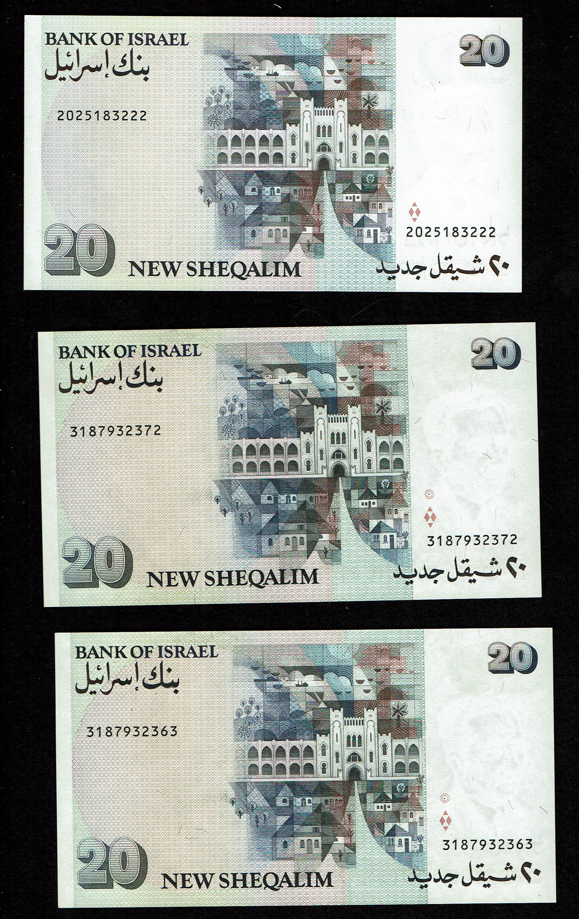 Israel - Set of 17 20 Shekel Banknotes 1985, 1987 Pick# 53a, 53b - Uncirculated 8 of 1987, 9 of 1993 - 1 3