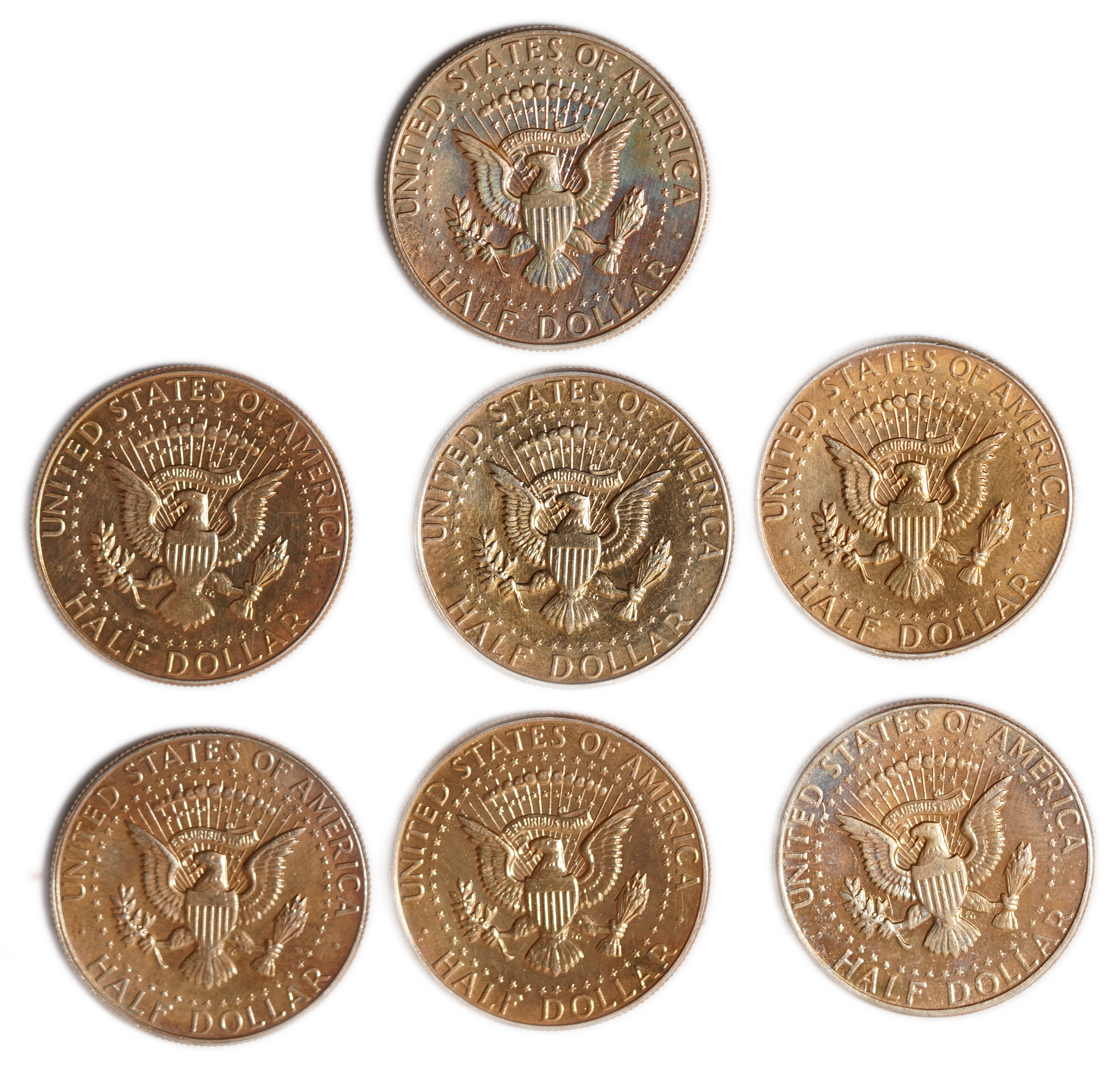 USA - Lot of 7 1/2 Dollar Coins 1967-1968 - Kennedy - Silver .400, approx. 79.38g (approx. 31.75g pure silver, 1.02 ... - 1 1