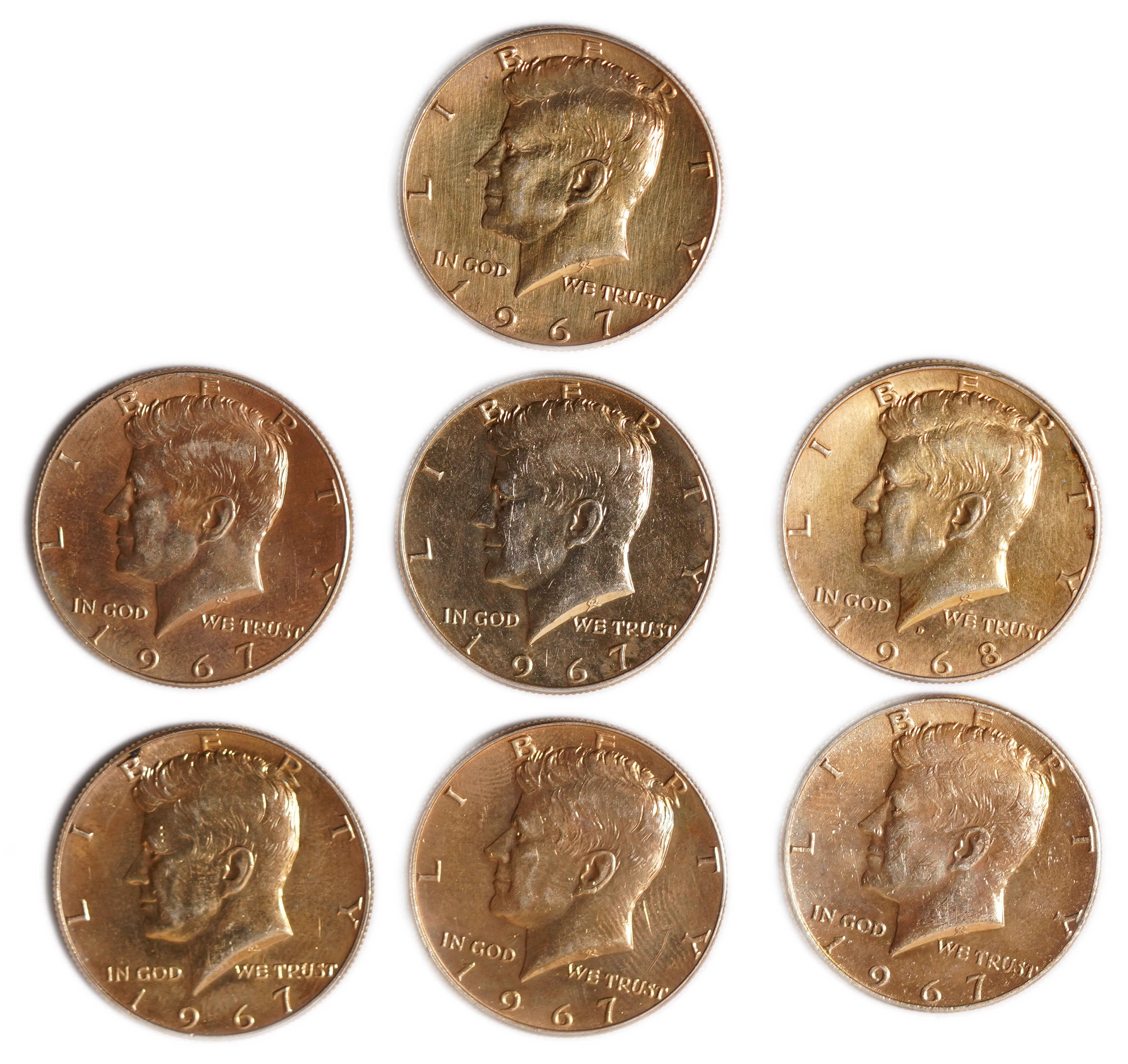 USA - Lot of 7 1/2 Dollar Coins 1967-1968 - Kennedy - Silver .400, approx. 79.38g (approx. 31.75g pure silver, 1.02 ... - 1 0