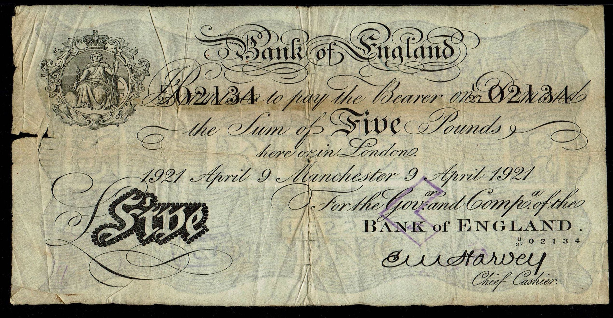 United Kingdom / England - 5 Pounds 1921 - German Forgery, Operation Bernhard - 1 0