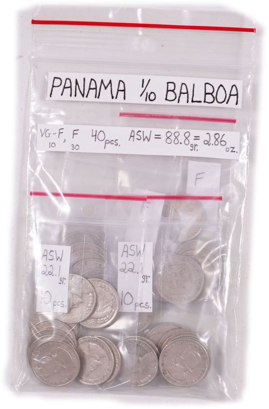 Panama - Group of 40 One-Tenth Balboa Coins - Silver 900, Approx. 98.7g, Approx. 88.8g Pure Silver (2.86 oz) - 1 0