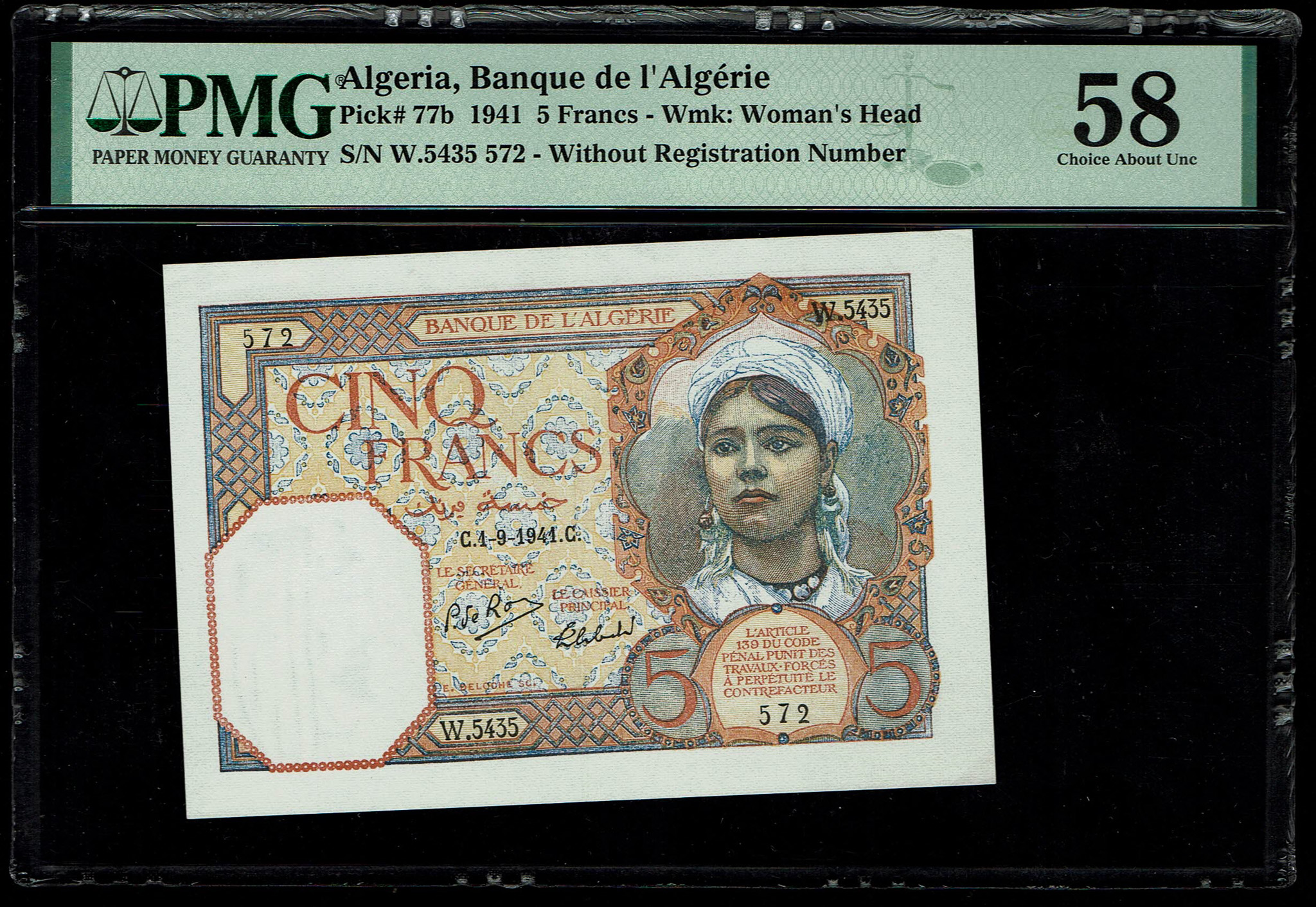 Algeria - 5 Francs 1941 - PMG 58 - Pick# 77b - 1 0
