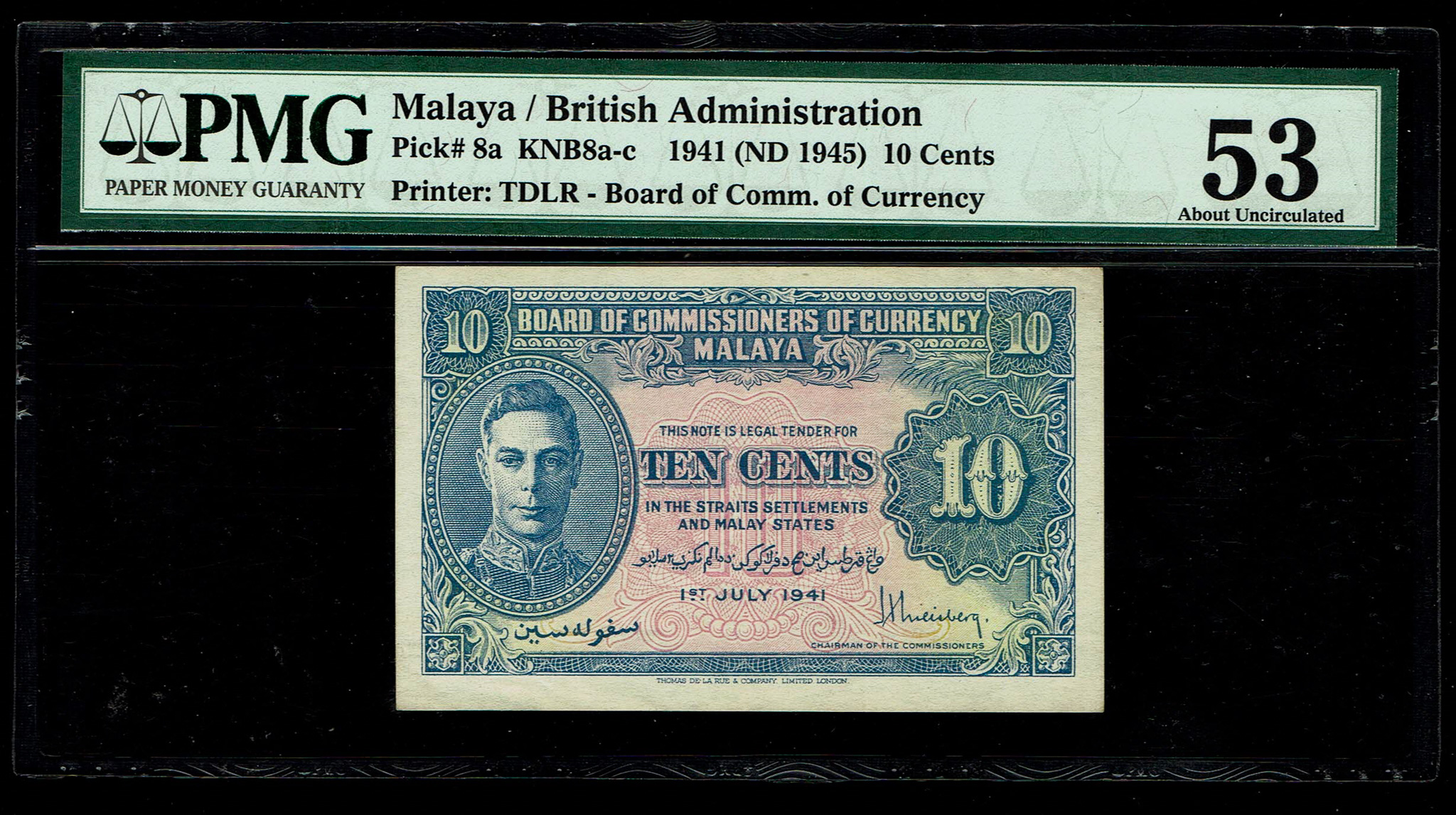 Malaya / British Administration - 10 Cents 1941 (1945) - Pick# 8a - KNB8a-c - PMG 53 - 1 0