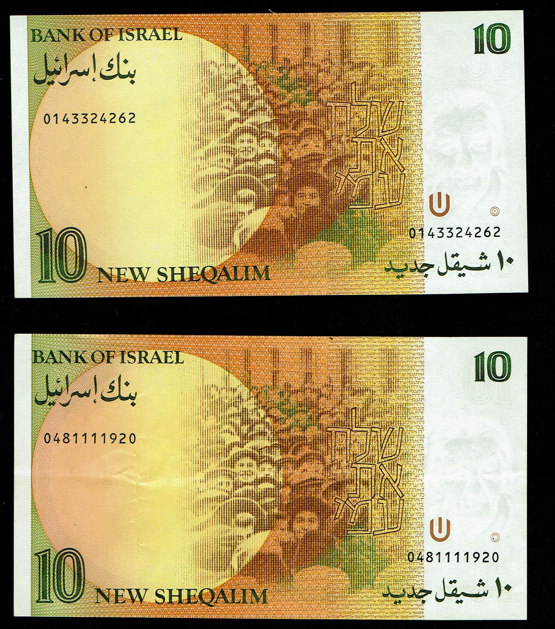 Israel - Set of 10 10 Shekel Banknotes 1985, 1987 - Pick# 53a, 53b - Uncirculated - 1 8