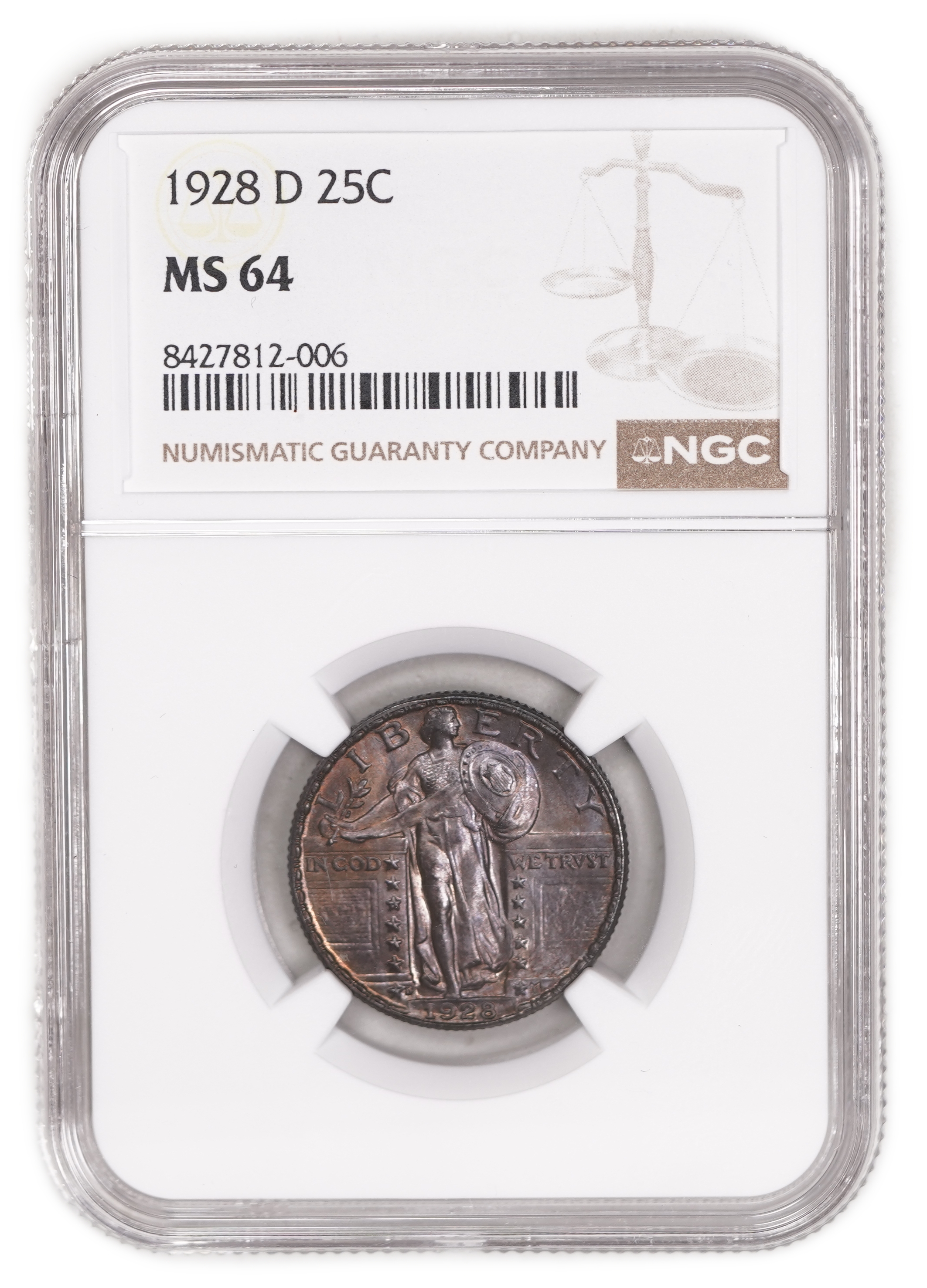USA - 25 Cents 1928D - Standing Liberty Quarter - Silver .900, 6.25g (5.63g pure silver, 0.18 oz), 24.3 mm - NGC MS 64 - 1 2