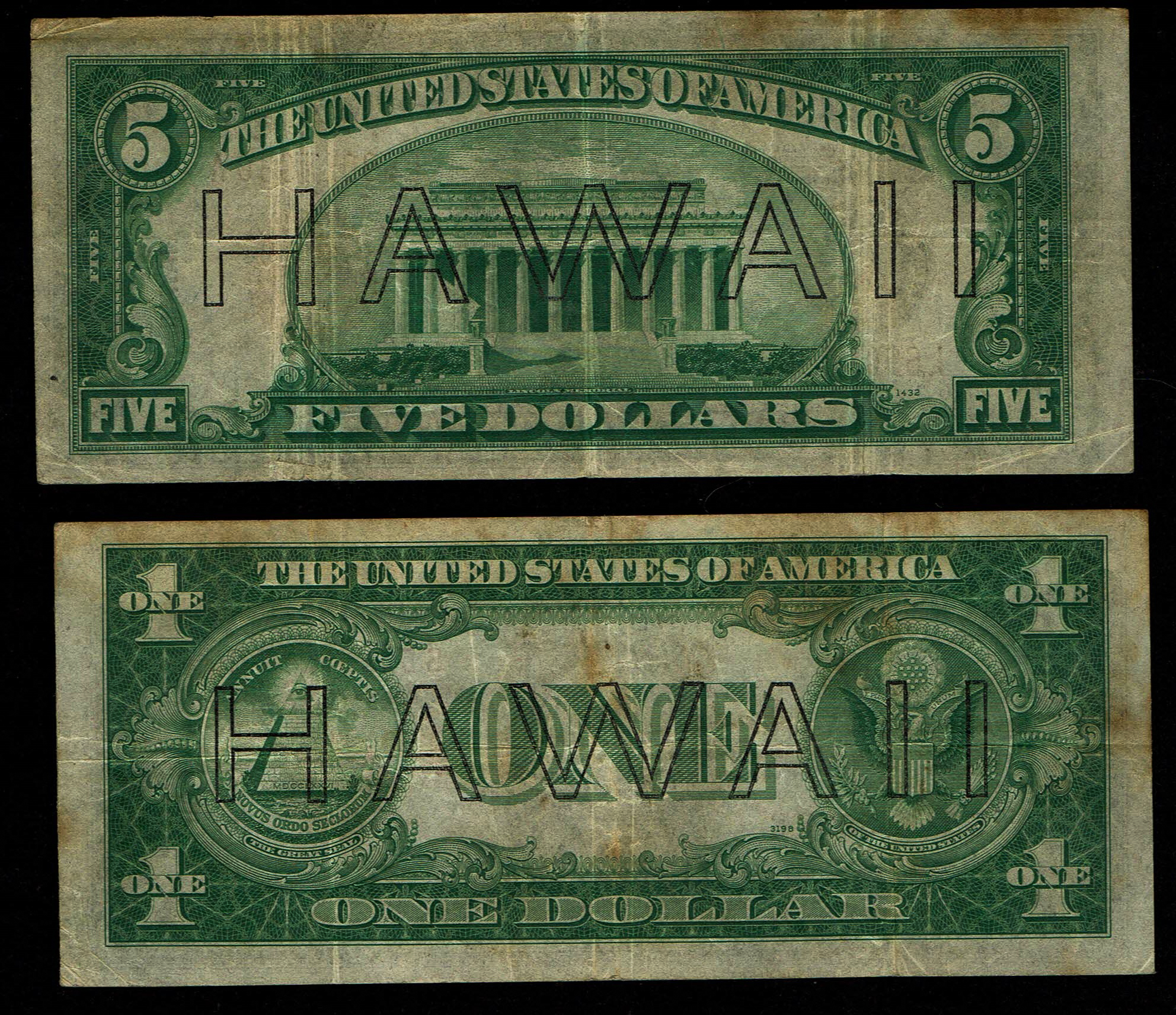 United States - Pair of Hawaii Overprint Notes - 5 Dollars 1934A and 1 Dollar 1935A - 1 1