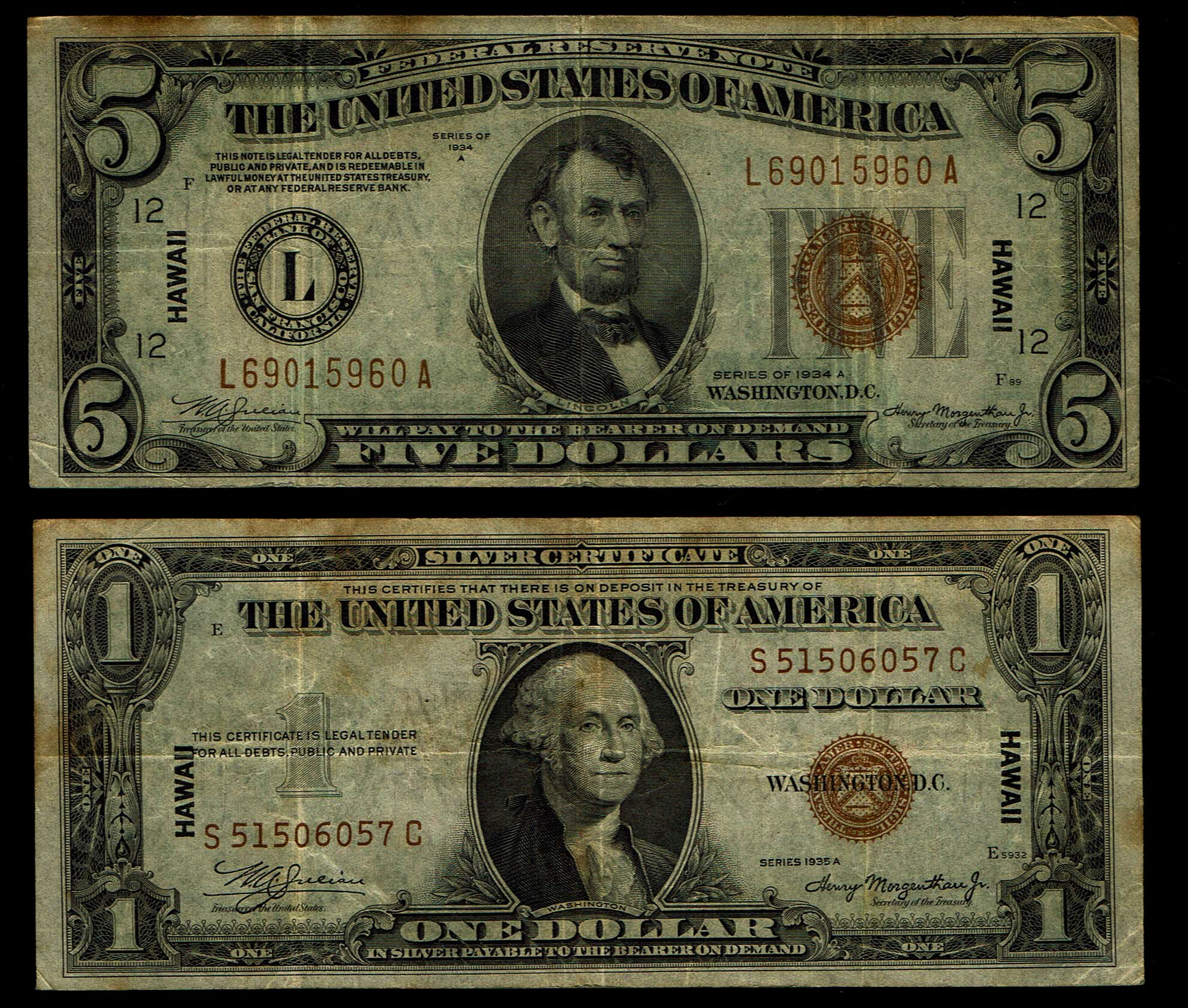 United States - Pair of Hawaii Overprint Notes - 5 Dollars 1934A and 1 Dollar 1935A - 1 0