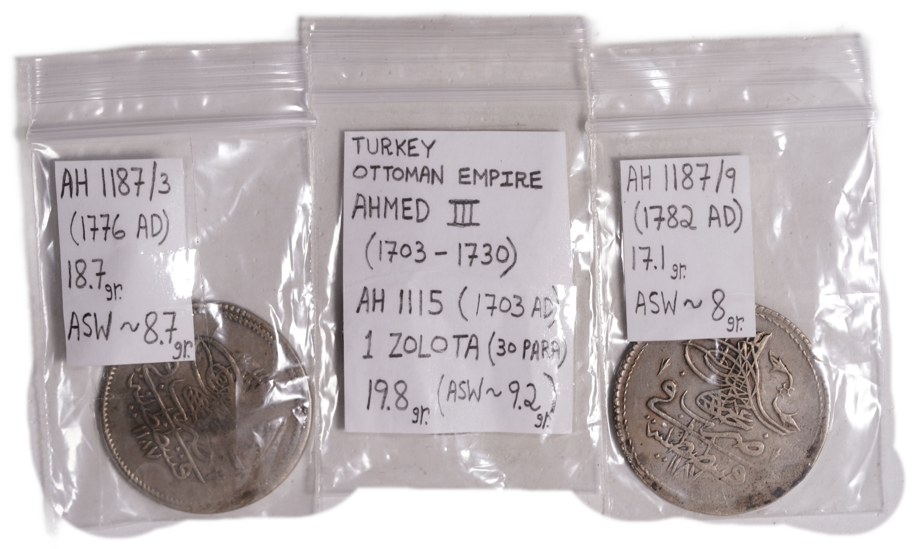 Ottoman Empire / Turkey - Lot of 3 Zolota Coins - Silver, 55.6g (25.9g net) - 1 2