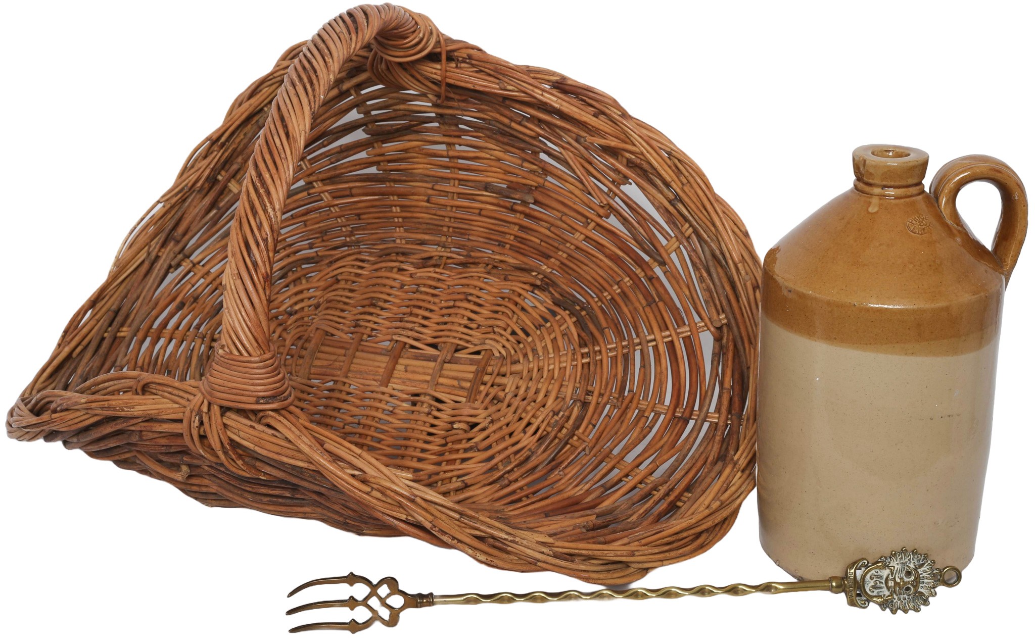 Large Basket with Ginger Flaggon Stamped 'Price 20 Bristol' and Vintage Brass Toasting Fork with Durham Sanctuary ...