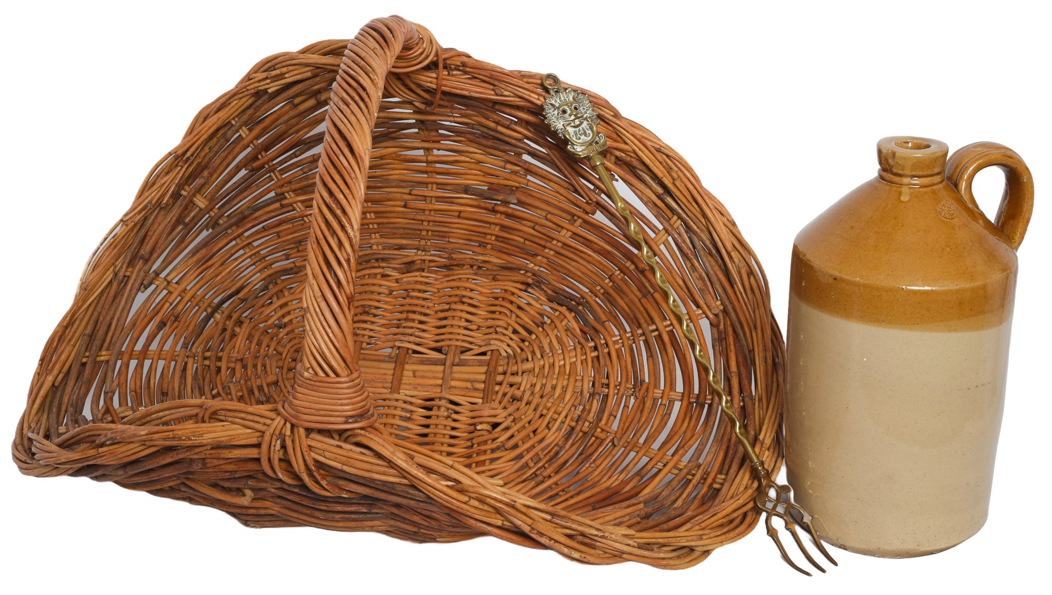 Large Basket with Ginger Flaggon Stamped 'Price 20 Bristol' and Vintage Brass Toasting Fork with Durham Sanctuary ... - 1 1