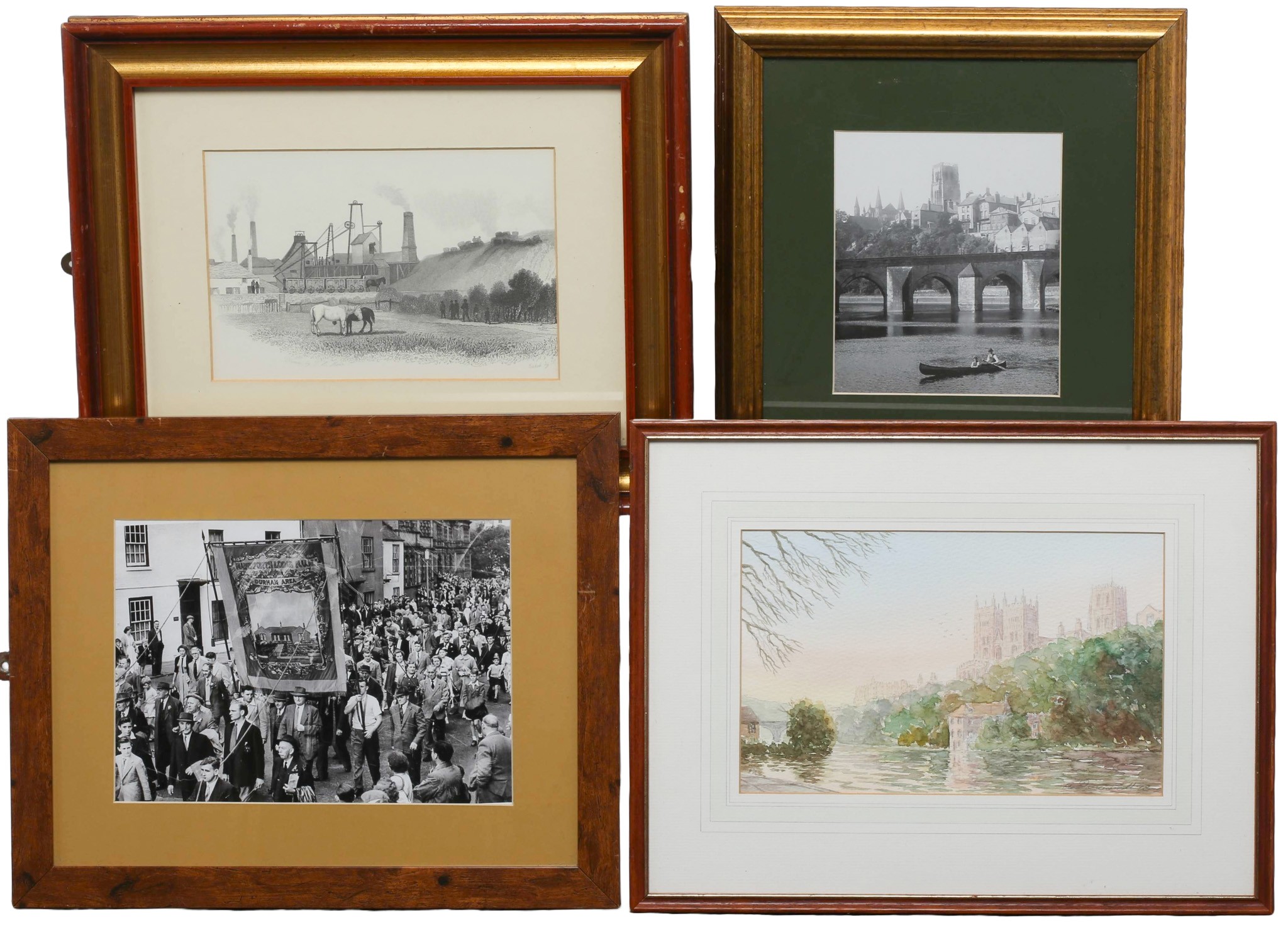 Collection of 4 Durham/Mining Related Framed Prints/Pictures. Includes a watercolour of Durham Cathedral, signed by ...