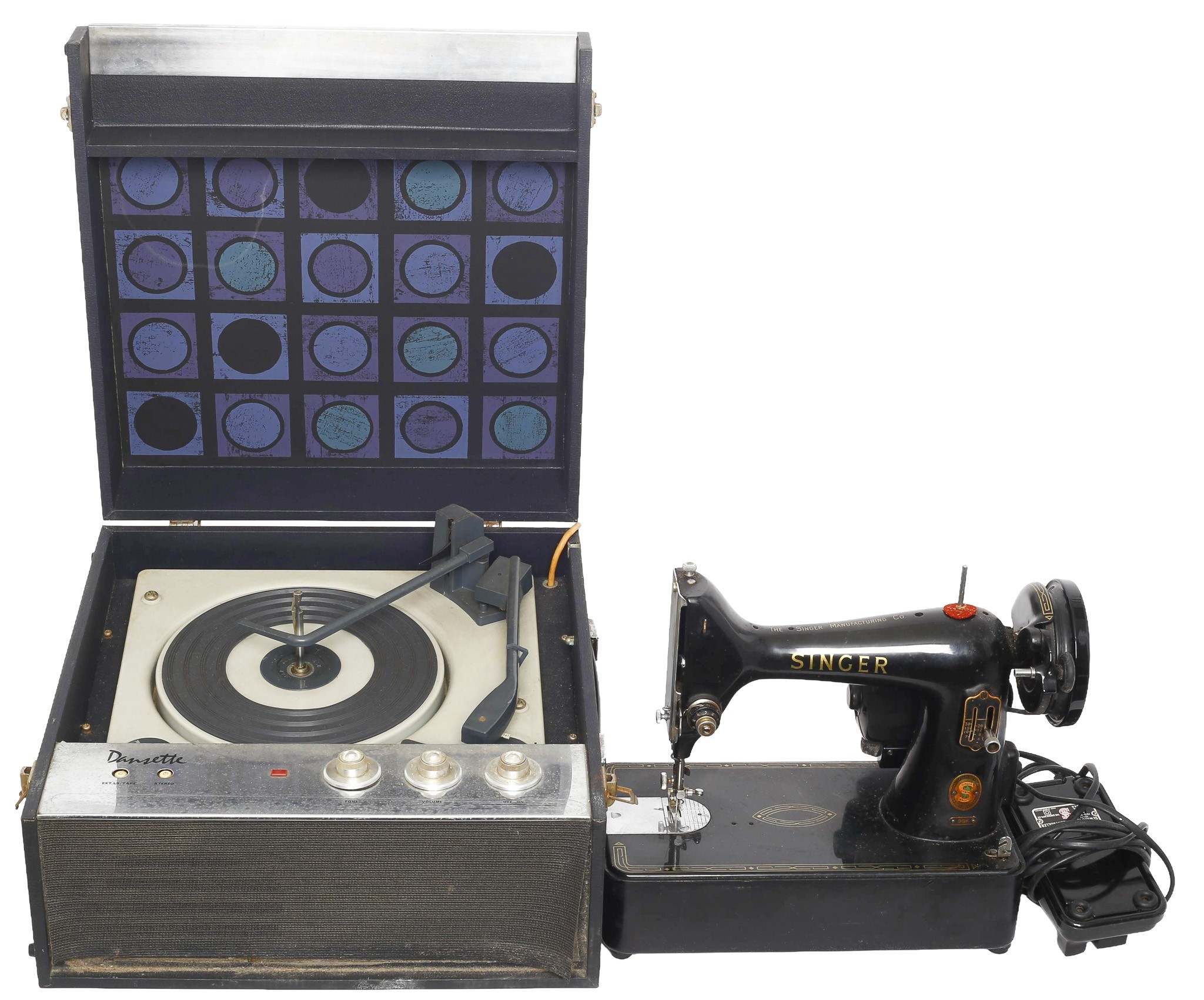 Dansette Portable Record Player with a Singer Model 99K Sewing Machine.