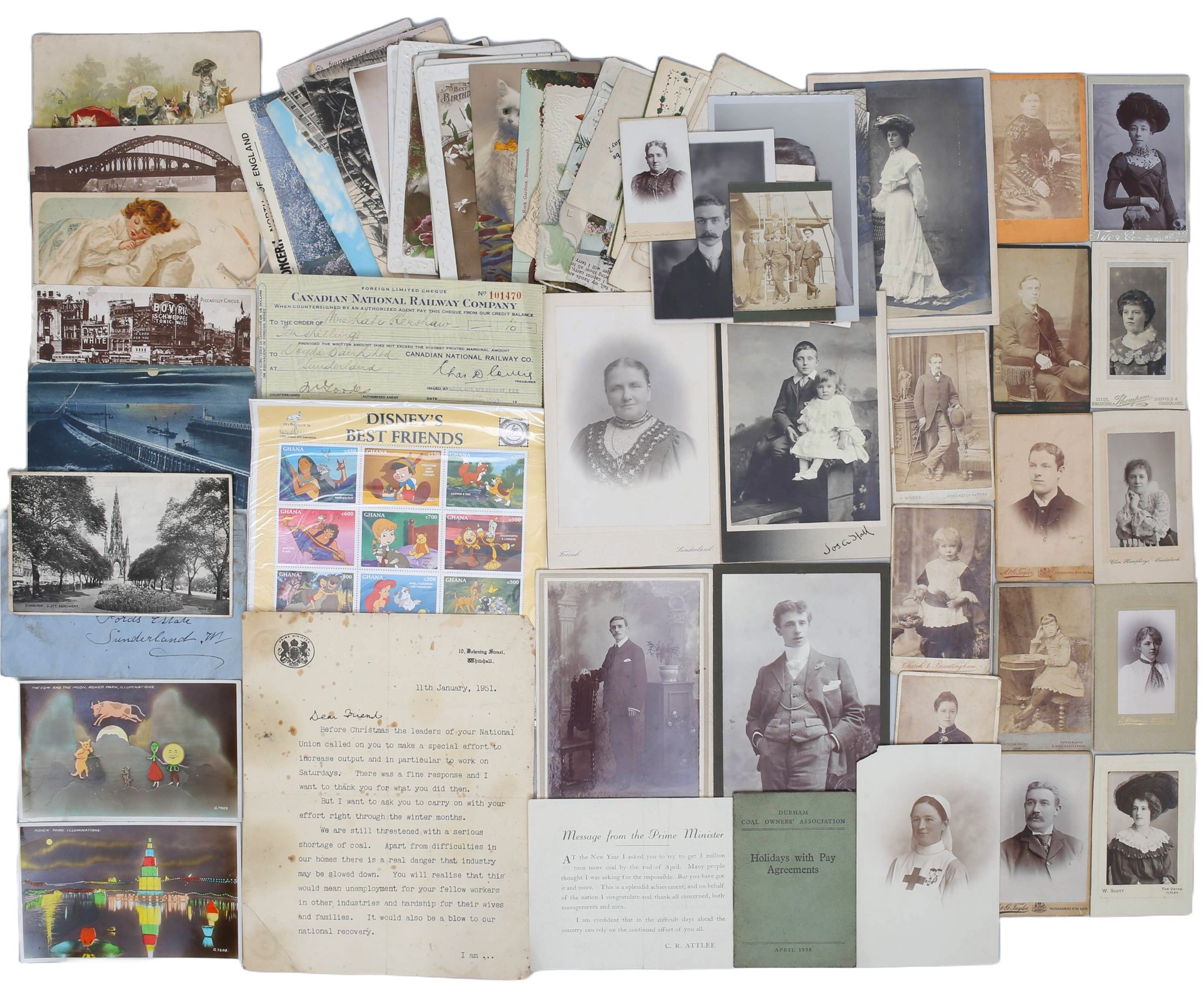 Mixed Collection of Vintage Postcards, Photographs, A Letter from Clement Attlee Sent to Miners in 1951 and Ghana ...