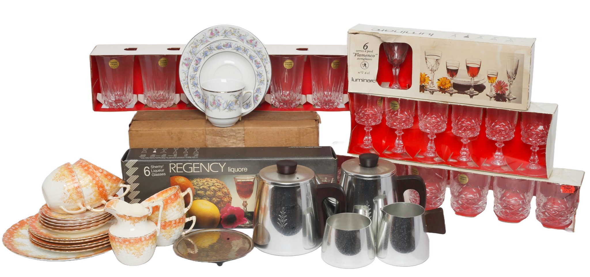Mixed Lot Including 5 Boxes of Glasses, Stainless Steel Tea Pot Etc, and 2 Tea Sets.
One tea set is wrapped ...