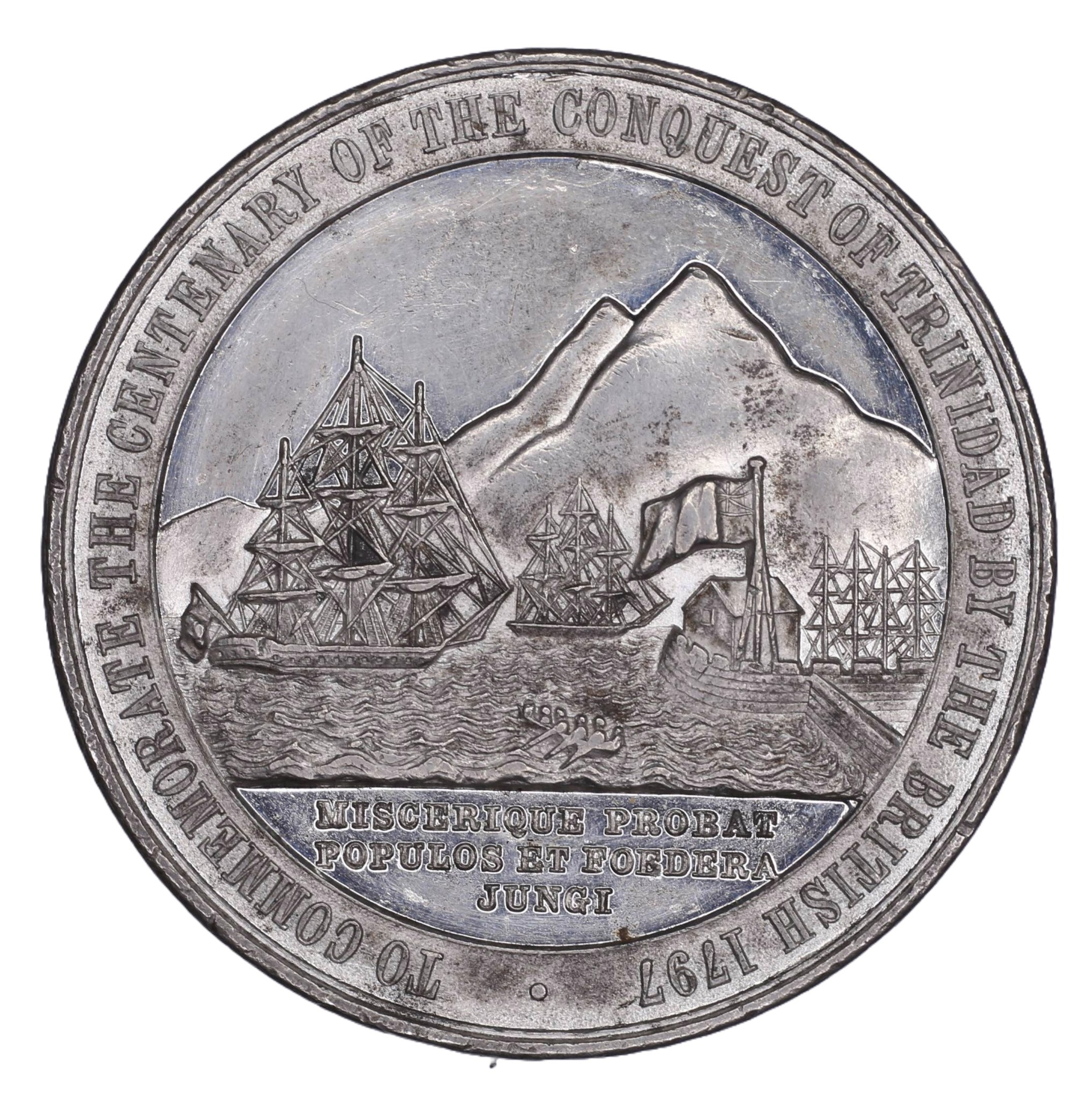 White Metal (Tin?) Medal Commemorating the Centenary of the Conquest of Trinidad by the British in 1797. Uniformed ... - 1 3
