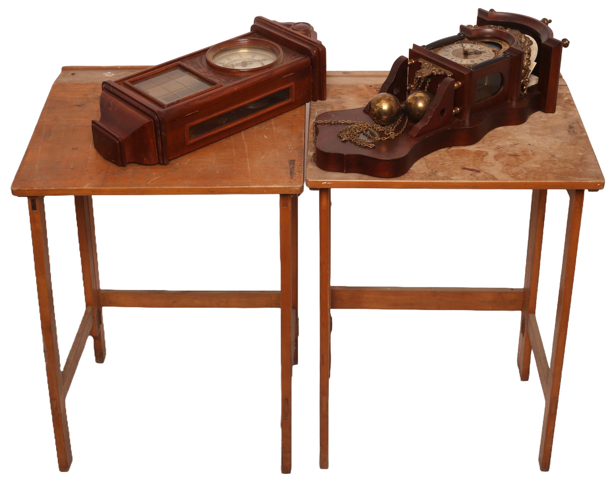 2 x Folding Vintage School Desks with 2 x Wall Clocks. Includes a reproduction Dutch wall clock Untested.