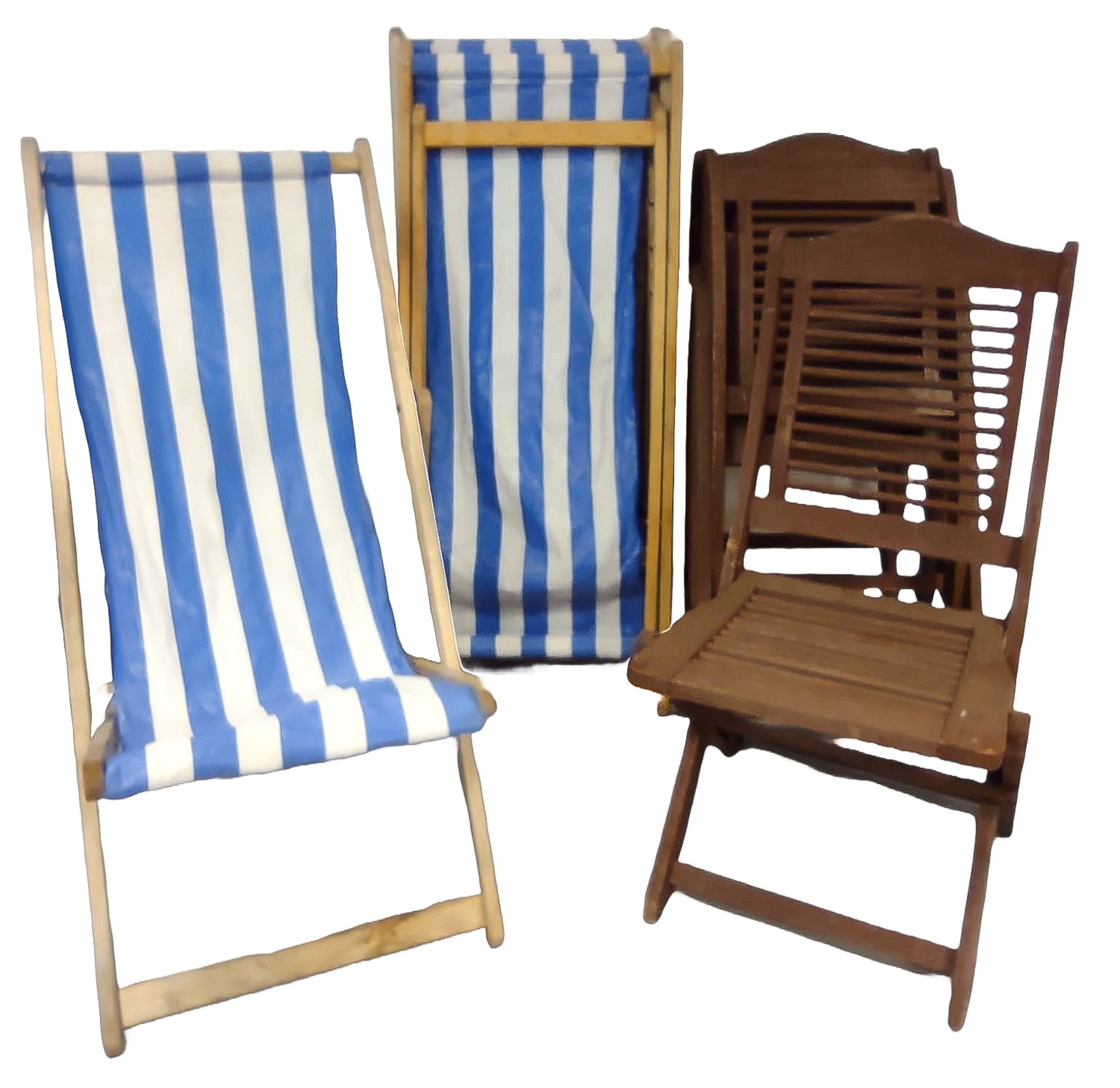 Set of 4 Blue & White Striped Deckchairs with 4 Folding Garden Chairs by Firman. Pre-loved. Collection only.