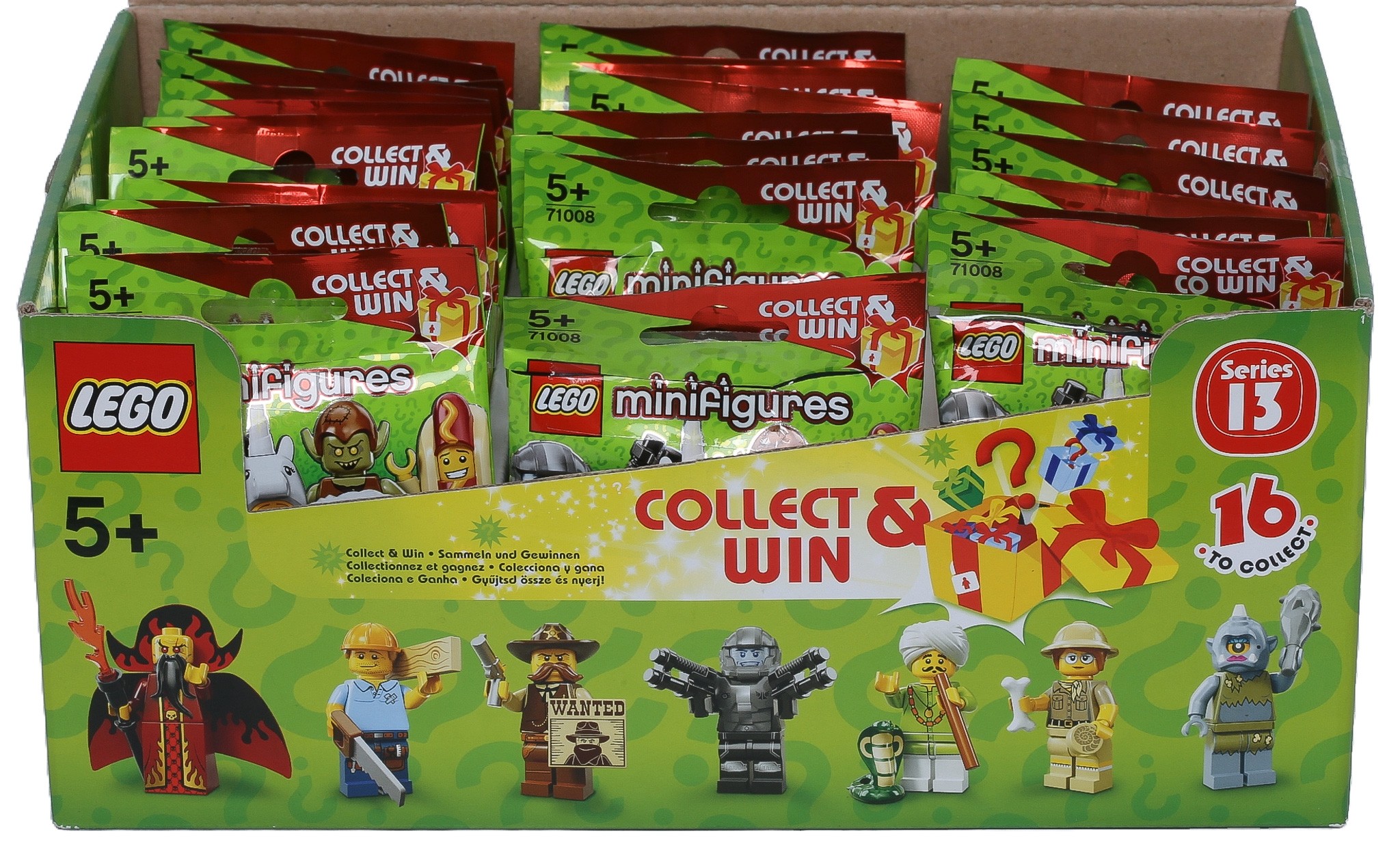 Box of 39 Lego Series 13 Minifigures. Packets have been cut open and retaped with pieces still inside. Contains ...