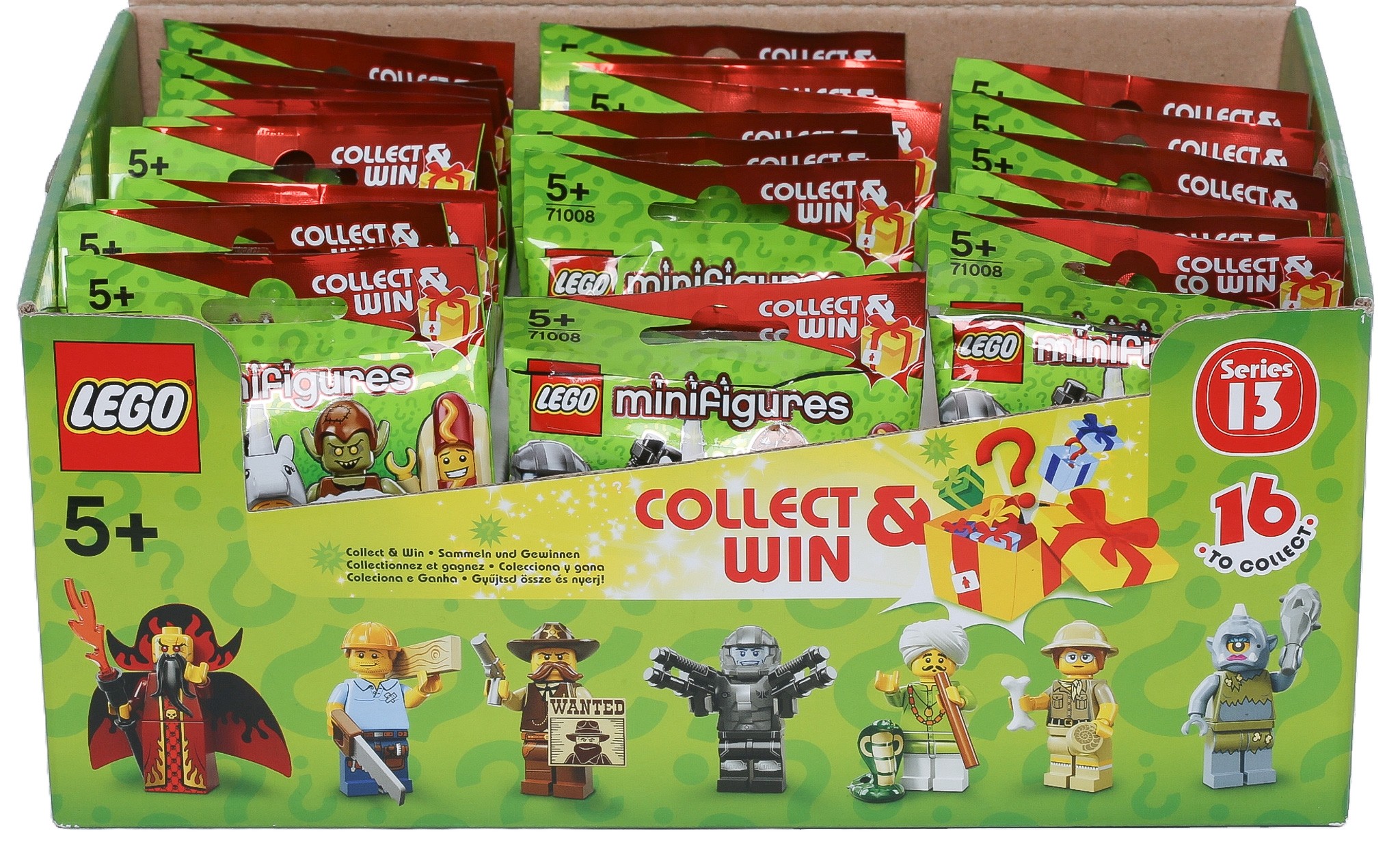 Box of 38 Lego Series 13 Minifigures. Packets have been cut open and retaped with pieces still inside. Contains ...