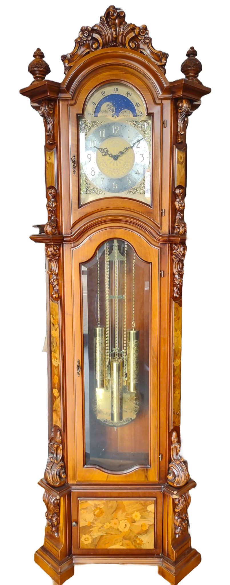 Ornate Italian Long Case Clock. Approx 211cm high by 66cm at widest point and 32cm at deepest point. Complete with ...