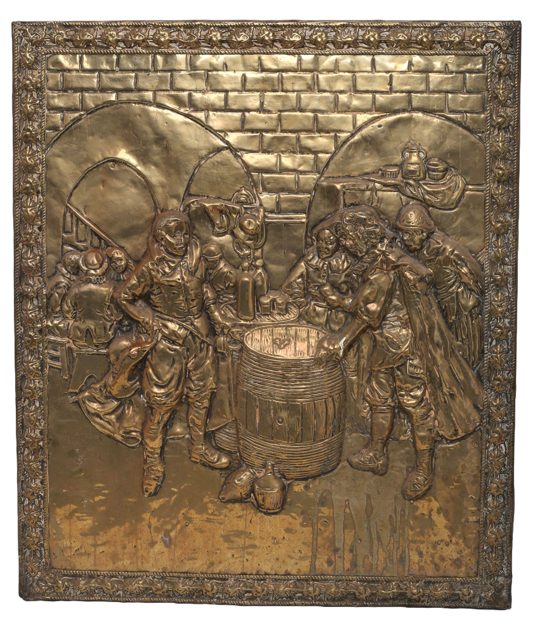 Brass Flashed Repousse Plaque Showing Tavern Scene. Collection only. Approx 66cm wide by 77cm high.