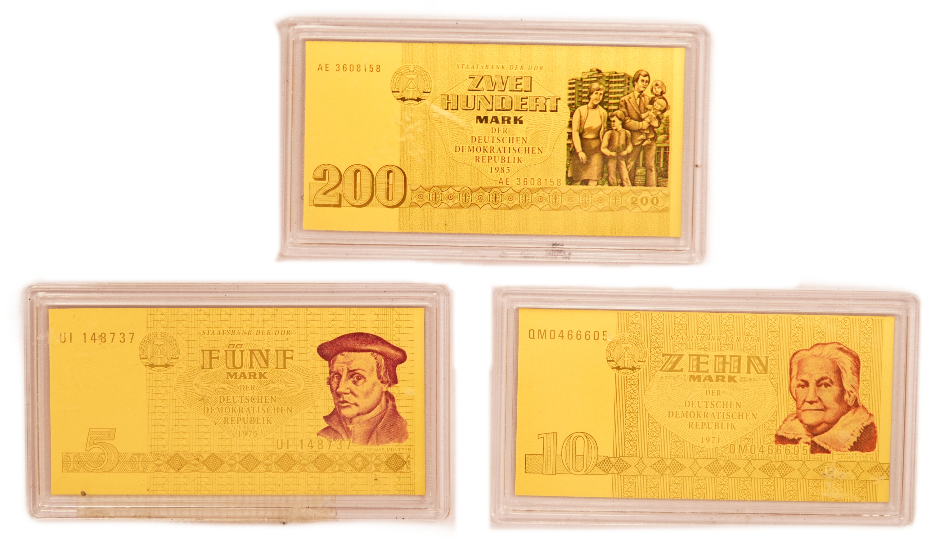Gold Bars - East Germany, German Democratic Republic Mark Banknotes - Set of 3 Gold 999 Replicas, 1/100oz Each ...