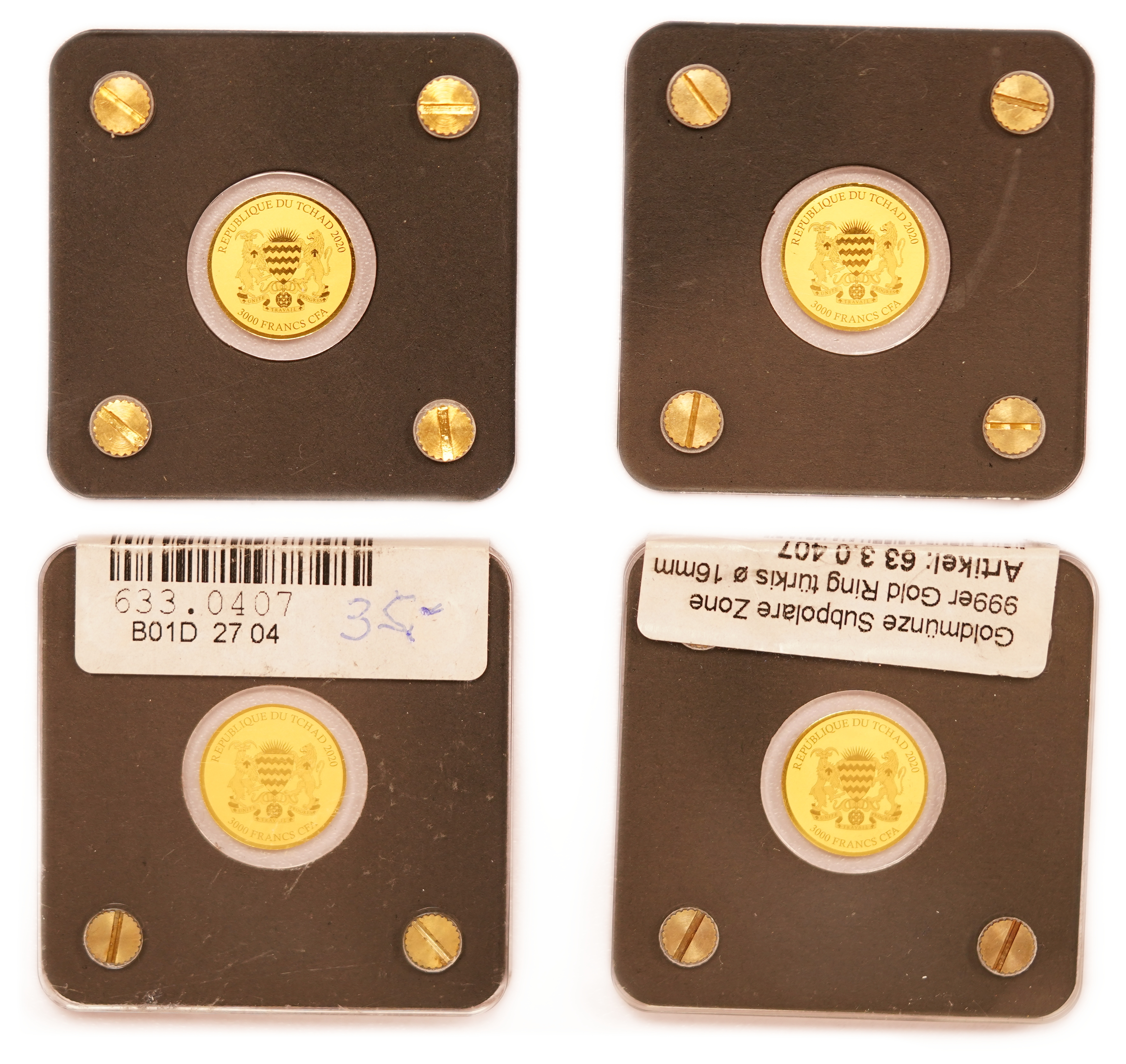 Chad - 3,000 Francs CFA 2020 - Subpolar Zone, Polar Bear - Lot of 4 Gold 999 Coins, 1/500oz Each (approx. 0.25g ... - 1 1