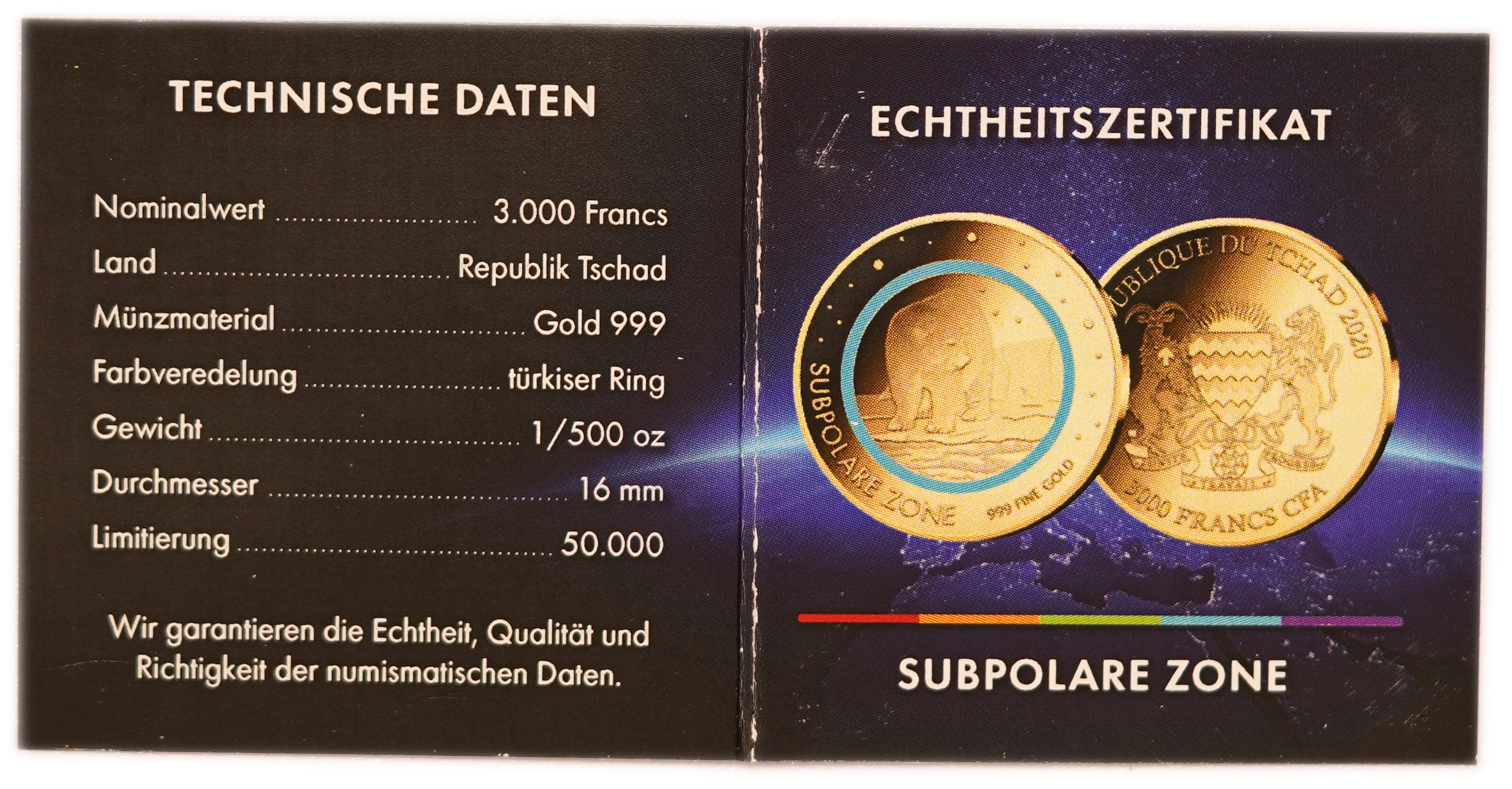 Chad - 3,000 Francs CFA 2020 - Subpolar Zone, Polar Bear - Lot of 4 Gold 999 Coins, 1/500oz Each (approx. 0.25g ... - 1 2