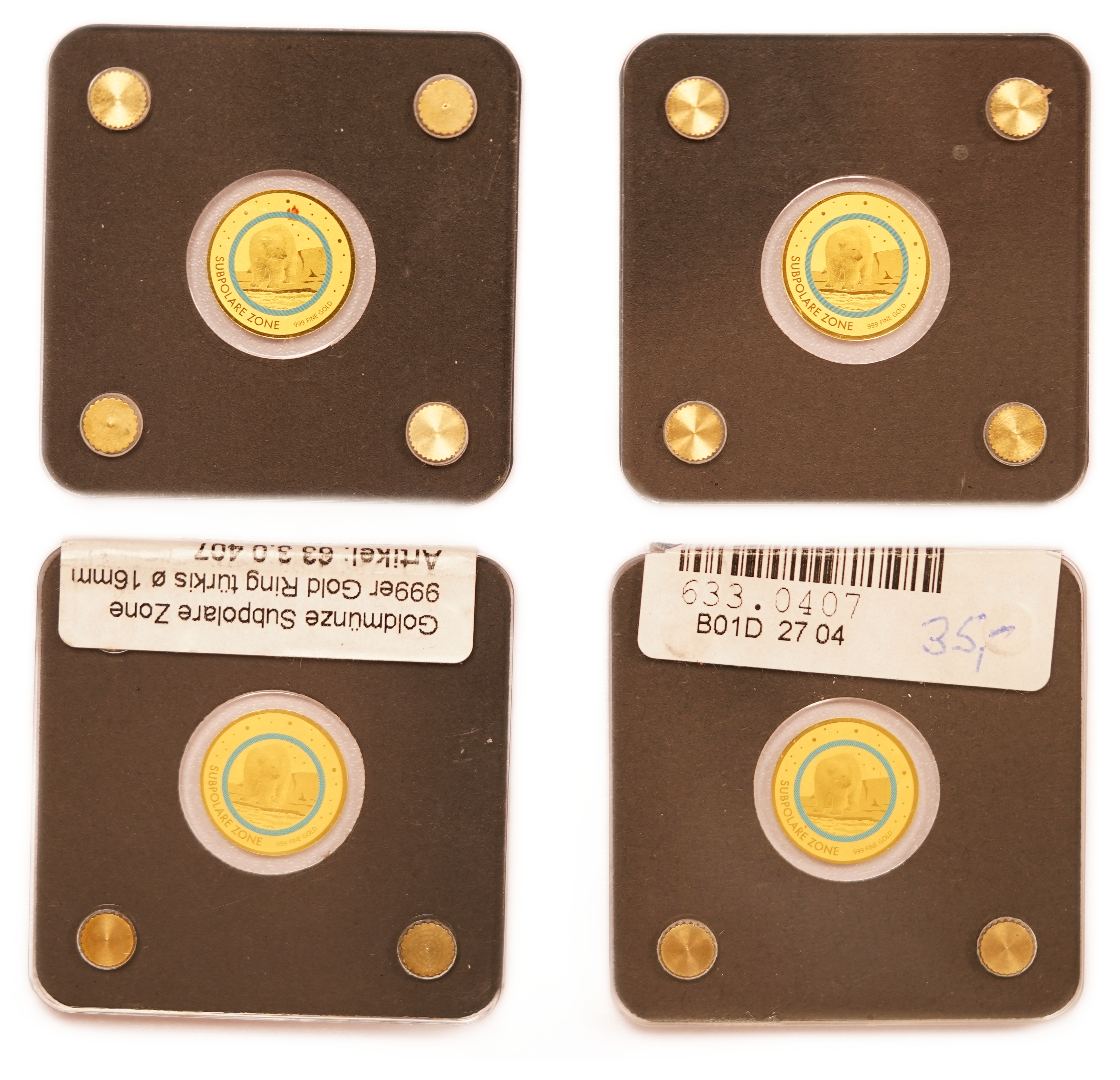 Chad - 3,000 Francs CFA 2020 - Subpolar Zone, Polar Bear - Lot of 4 Gold 999 Coins, 1/500oz Each (approx. 0.25g ... - 1 0