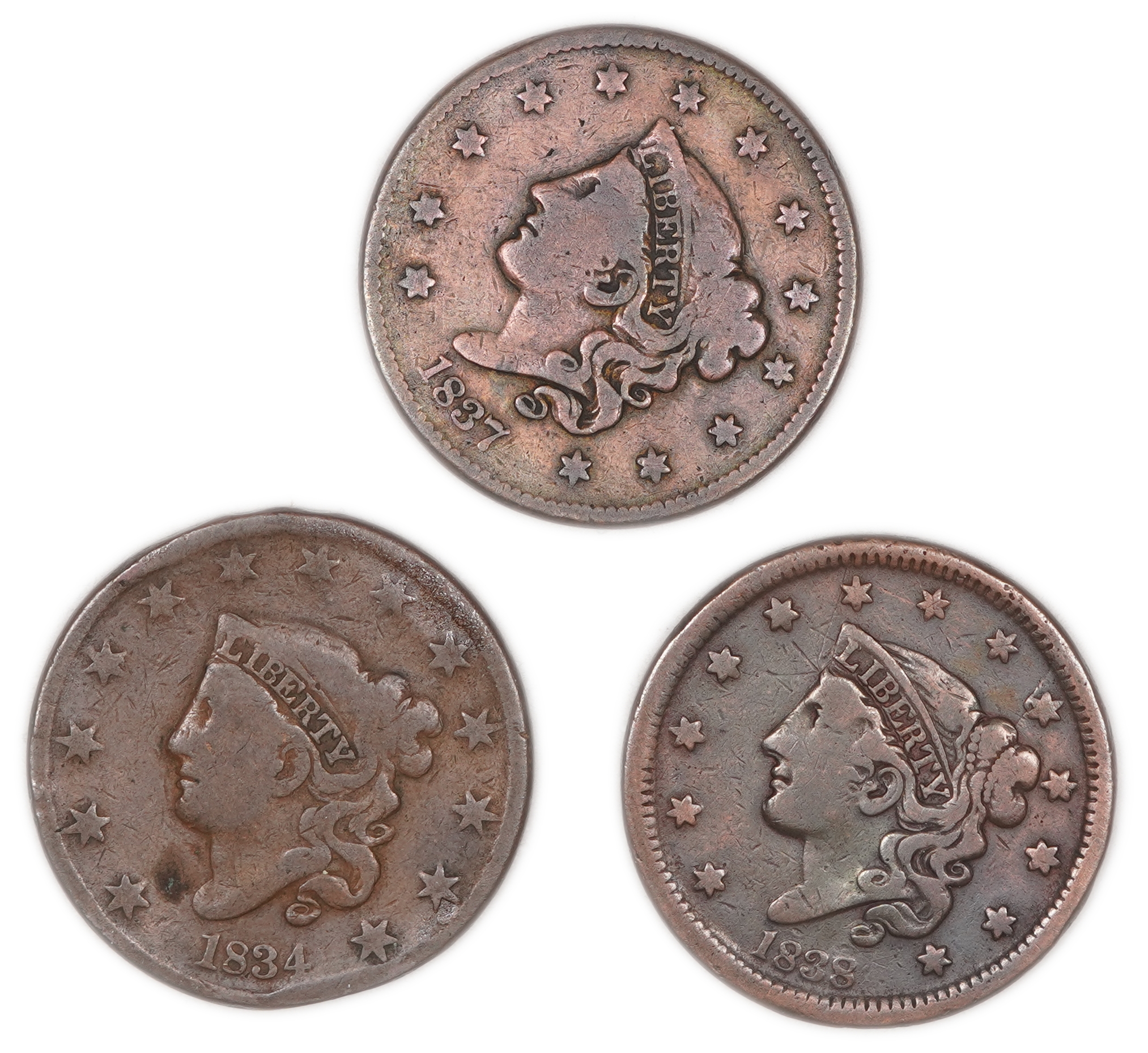 United States - Group of 3 Large Cent Coins, Dated 1834, 1837 and 1838 - Copper - 1 0