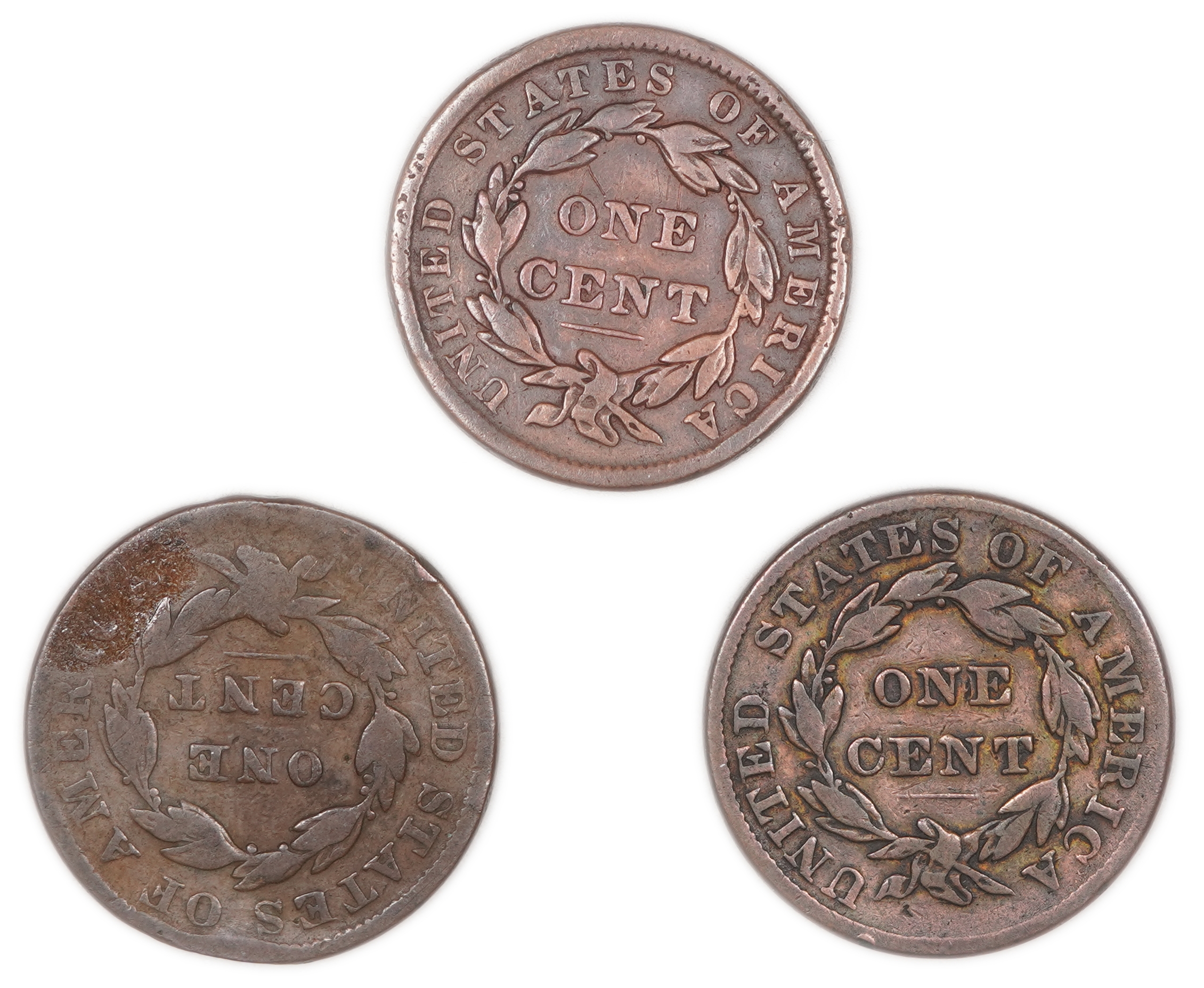 United States - Group of 3 Large Cent Coins, Dated 1834, 1837 and 1838 - Copper - 1 1