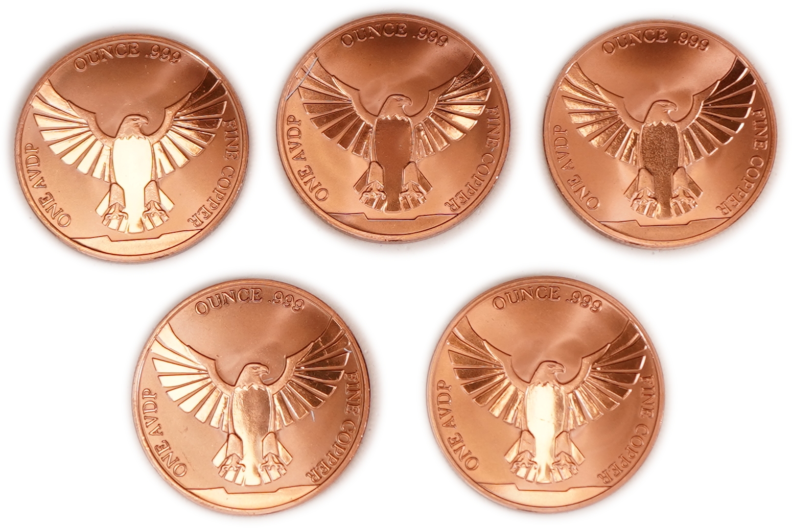 United States - Lot of 5 Round Copper Bars - American Eagle and United States Flag - .999 Copper, One Ounce Each - ... - 1 1