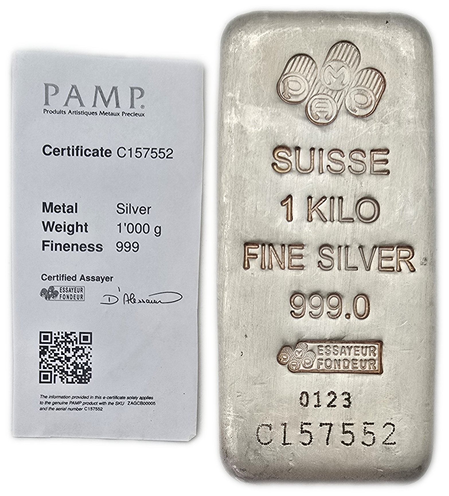 Bullion Bars - Switzerland - PAMP Suisse Silver Bar, 1 Kilo - Silver 999, 1,000 g, with Original Certificate
