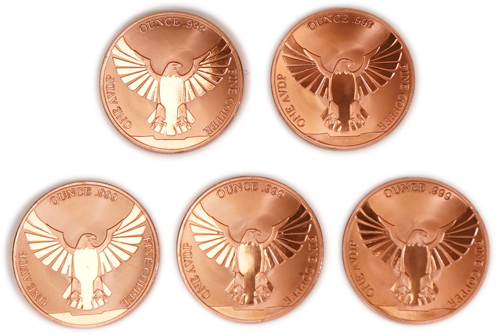 United States - Lot of 5 Round Copper Bars - American Eagle and United States Flag - .999 Copper, One Ounce Each - ... - 1 1