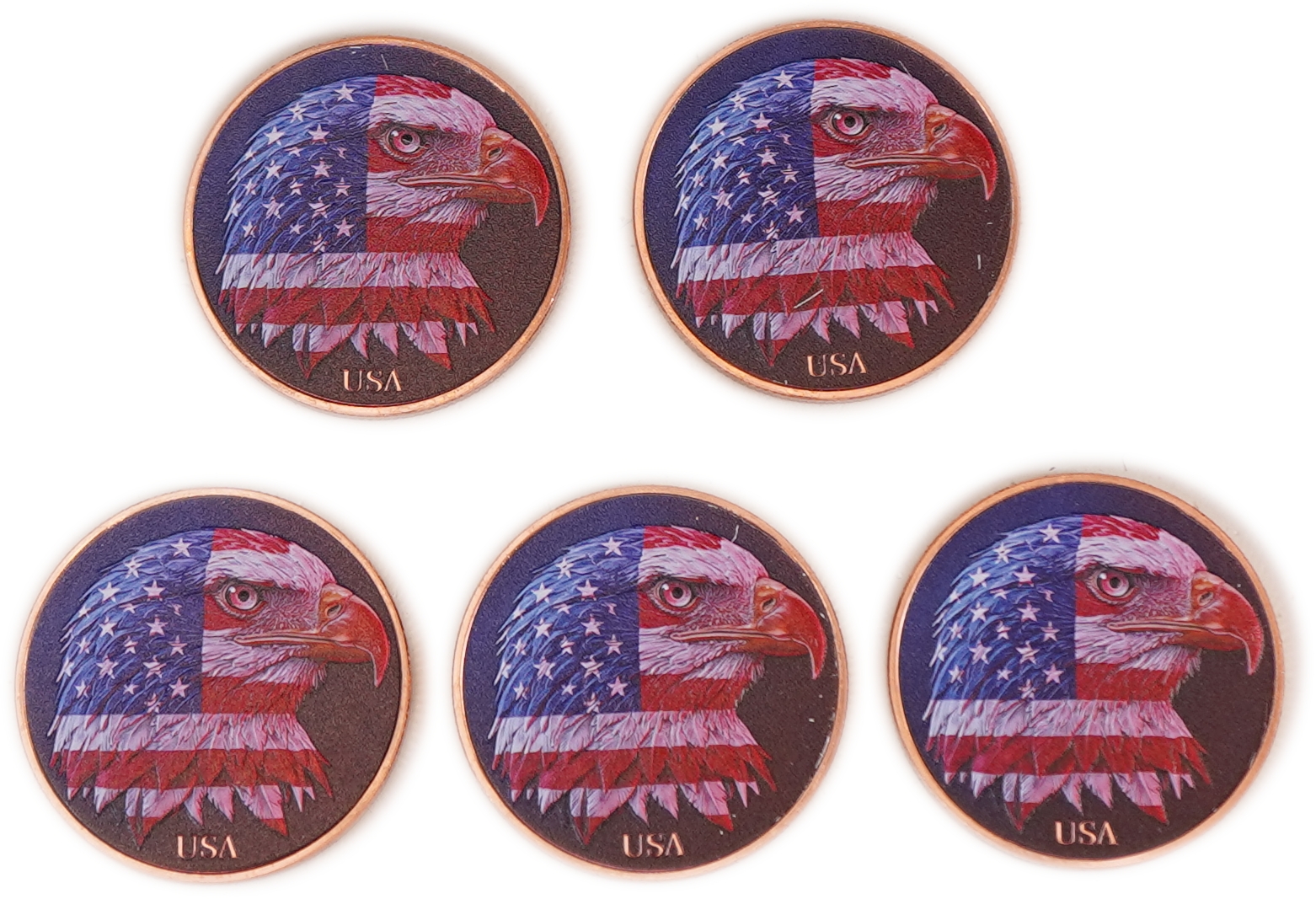 United States - Lot of 5 Round Copper Bars - American Eagle and United States Flag - .999 Copper, One Ounce Each - ...