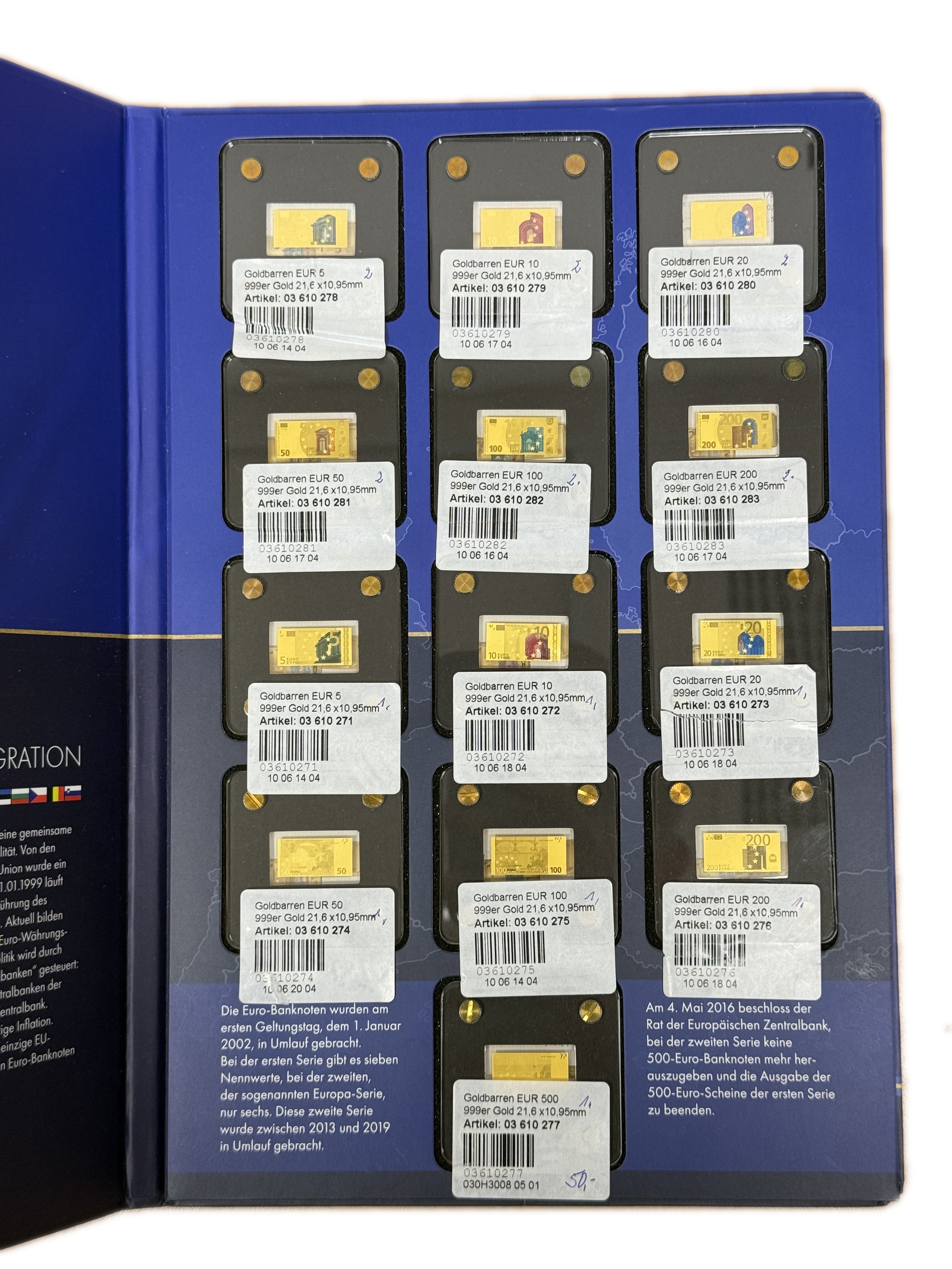 Gold Bars - Euro Banknotes Series - 13 Gold .999 Miniature Bars Featuring €5–€500 Denominations - Approximately ... - 1 0