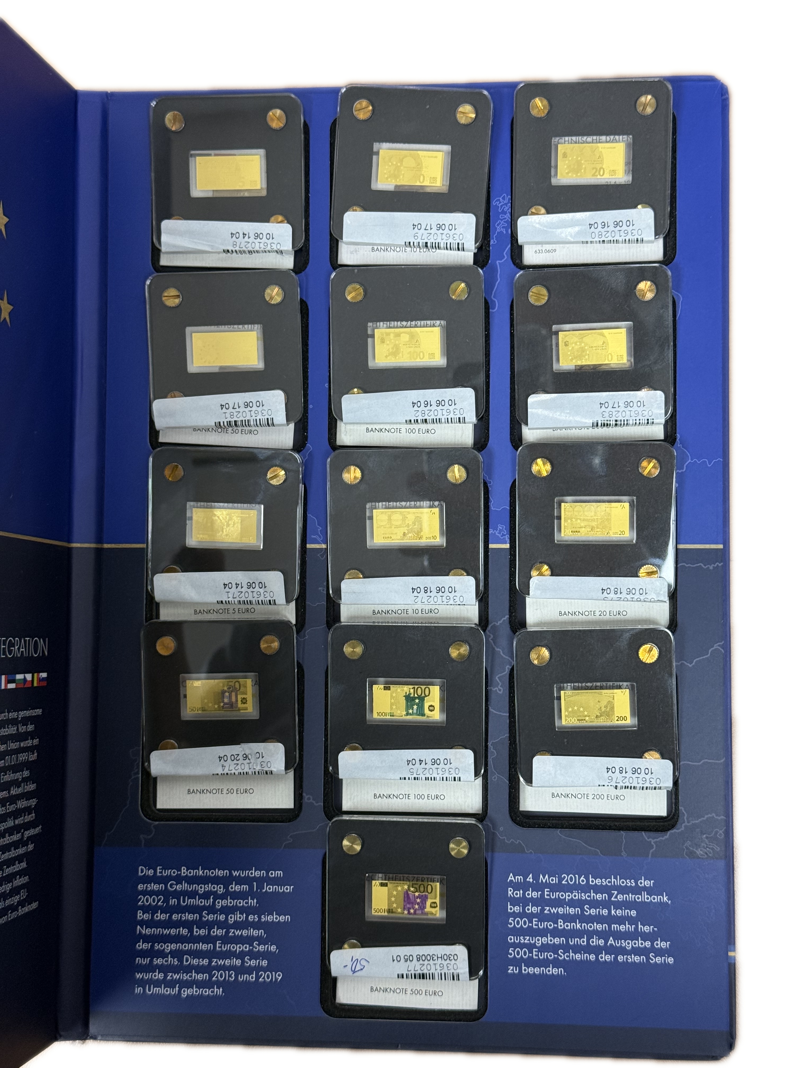 Gold Bars - Euro Banknotes Series - 13 Gold .999 Miniature Bars Featuring €5–€500 Denominations - Approximately ... - 1 32
