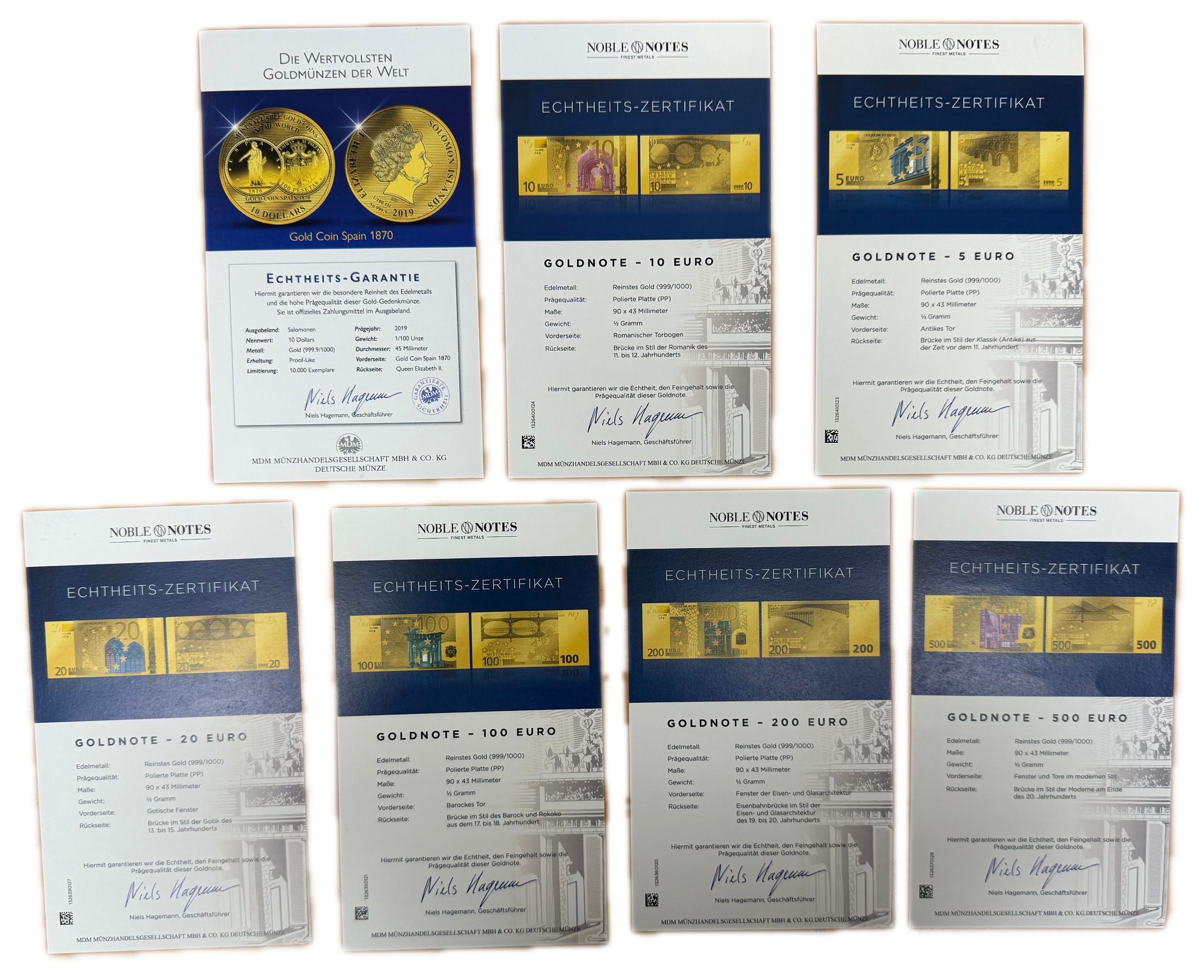 Germany - Set of 7 Gold Euro Banknotes - 15 Years of the Euro in Germany - 5, 10, 20, 50, 100, 200 and 500 Euro - ... - 1 7