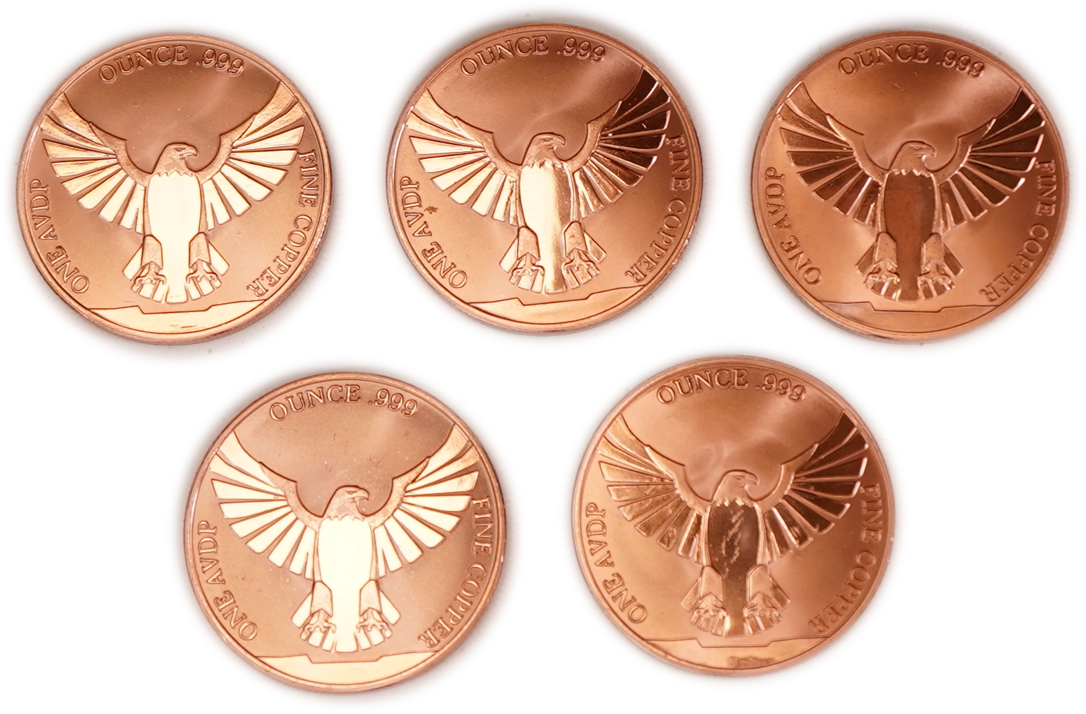 United States - Lot of 5 Round Copper Bars - American Eagle and United States Flag - .999 Copper, One Ounce Each - ... - 1 1