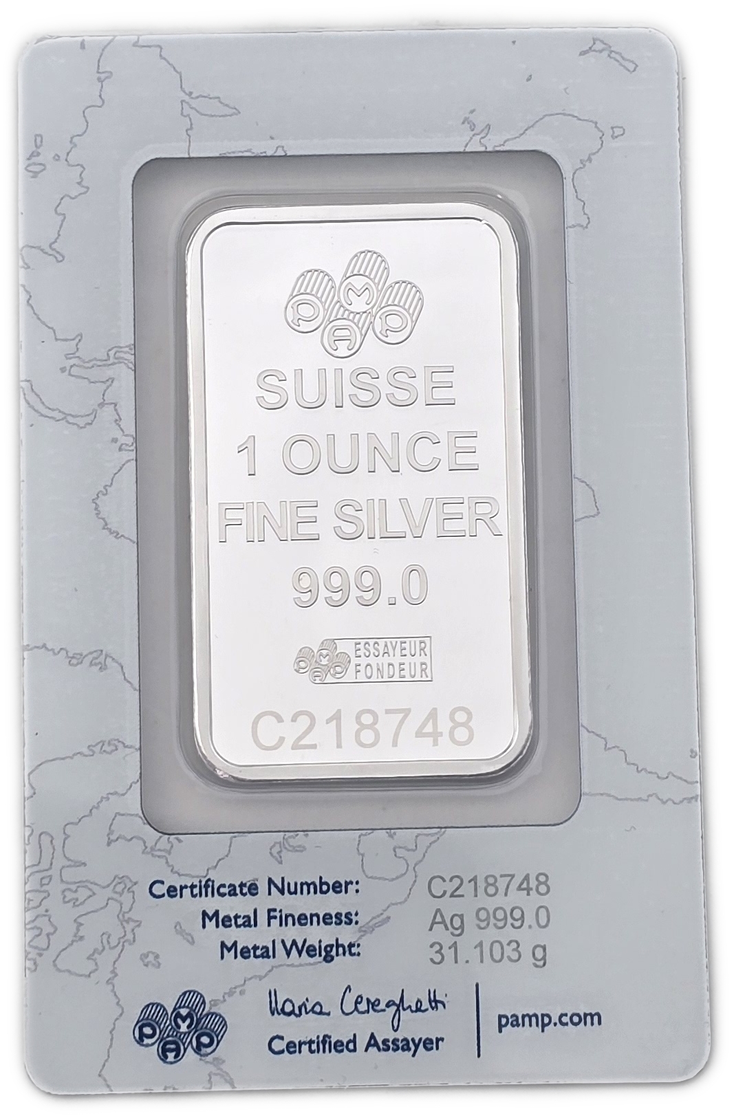 Bullion Bars - Switzerland - PAMP Suisse Silver Bar, 1 Ounce - Silver 999, 31.103 g, in Original Assay Card - 1 1