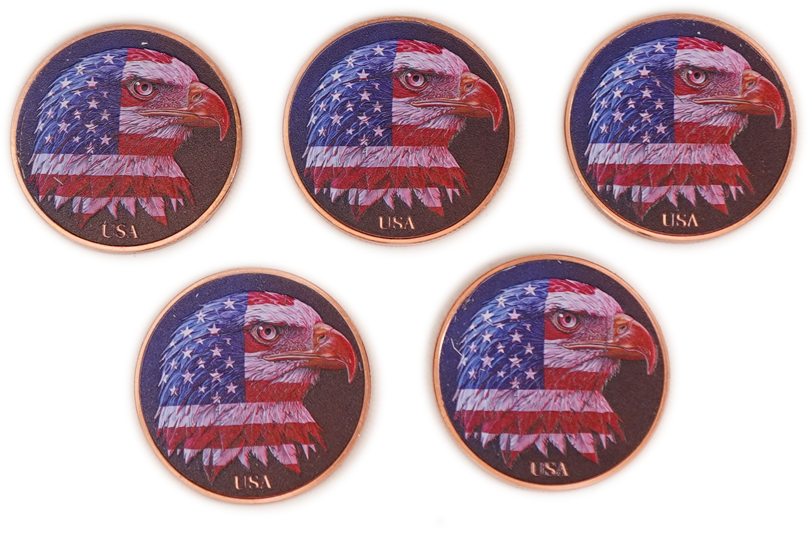 United States - Lot of 5 Round Copper Bars - American Eagle and United States Flag - .999 Copper, One Ounce Each - ...