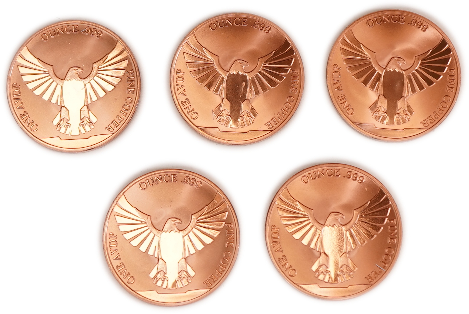 United States - Lot of 5 Round Copper Bars - American Eagle and United States Flag - .999 Copper, One Ounce Each - ... - 1 1
