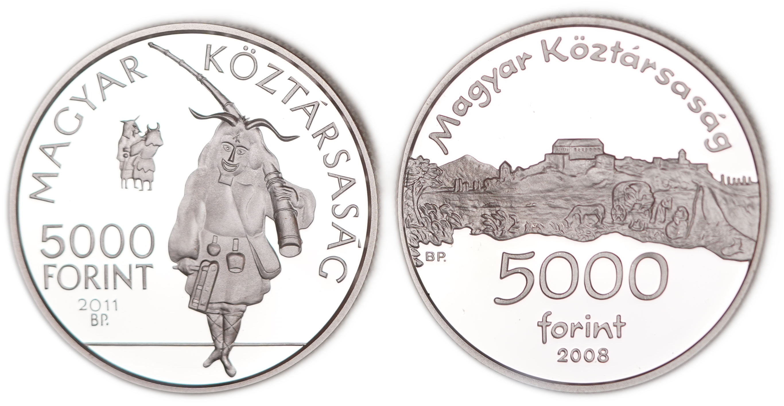 Hungary - Pair of 5,000 Forint Silver Coins, Siklós Castle 2008 and the Busó Festivities of Mohács 2011 - .925 ... - 1 0