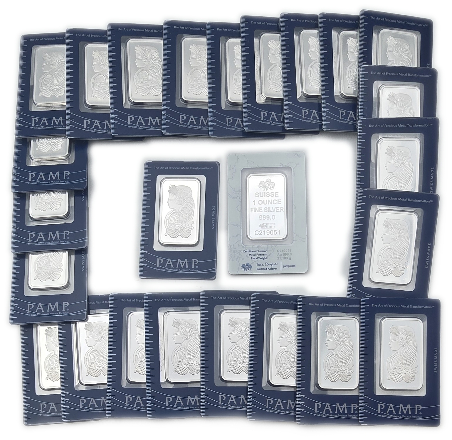 Bullion Bars - Switzerland - Group of 25 PAMP Suisse Fortuna Silver Bars, 1 Ounce Each - Silver 999, Total 25 oz ...