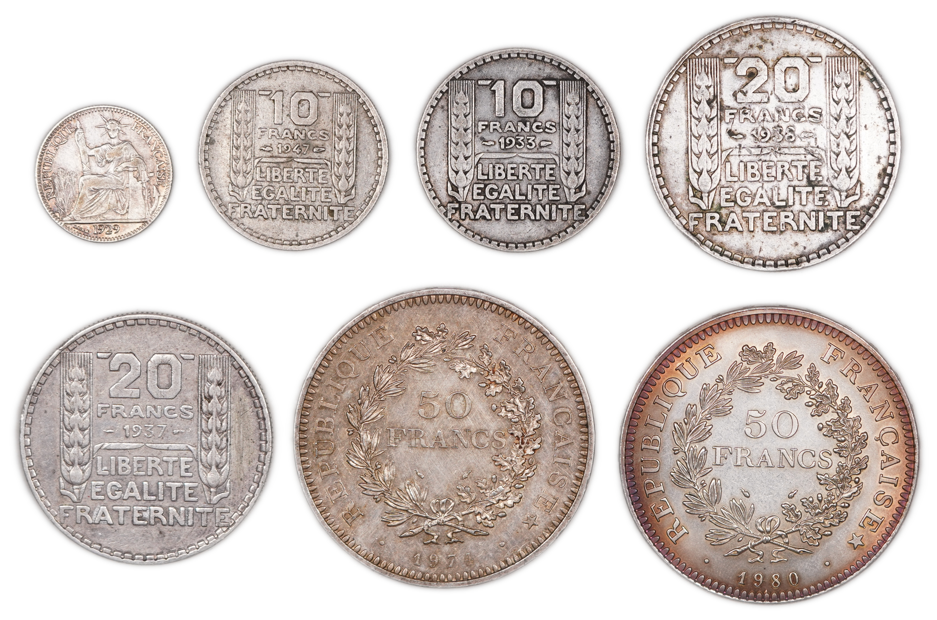 France and French Indochina - Lot of 7 Coins, Including 6 Silver Coins - Calculated Total Silver Gross Weight ... - 1 0