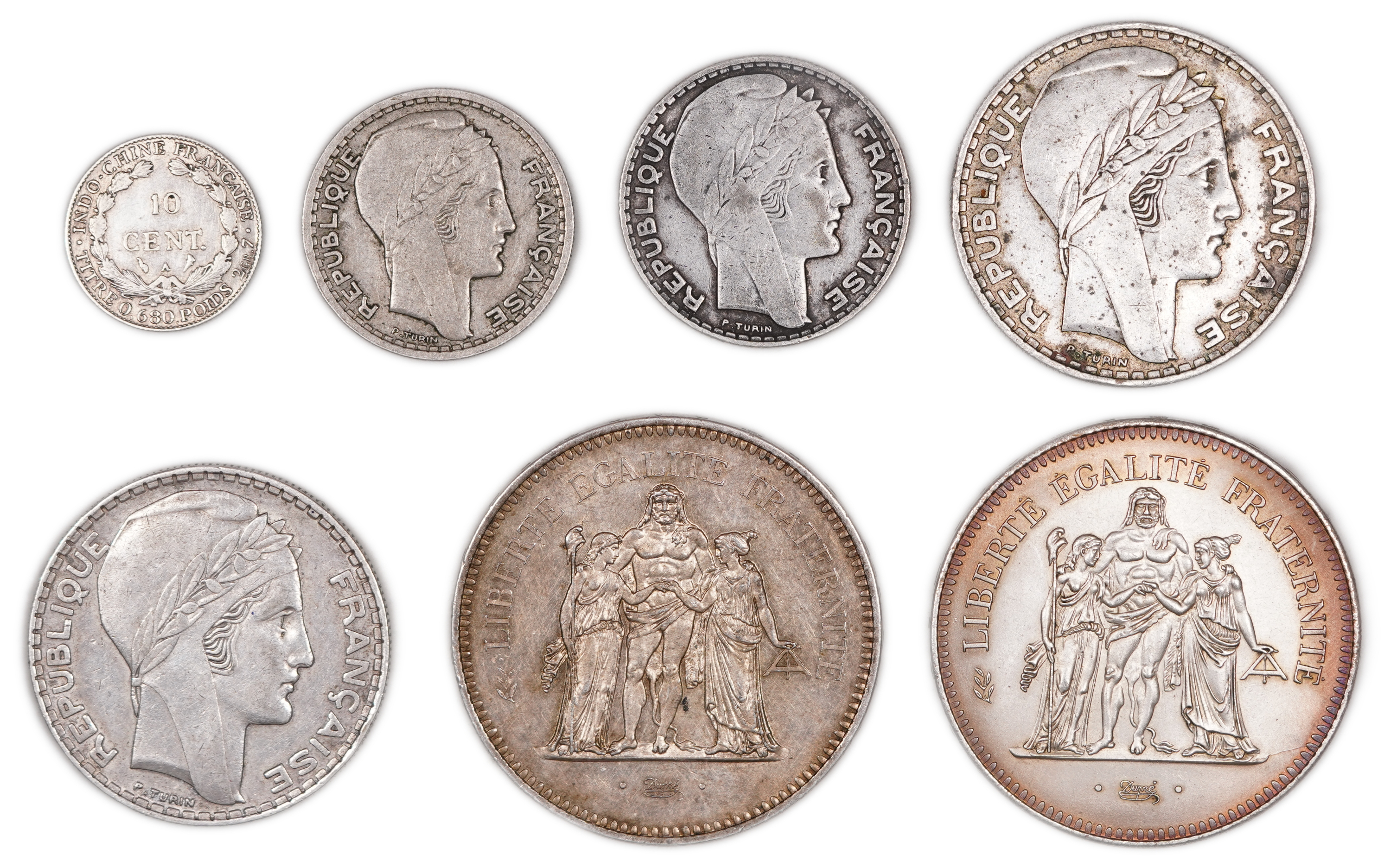 France and French Indochina - Lot of 7 Coins, Including 6 Silver Coins - Calculated Total Silver Gross Weight ... - 1 1