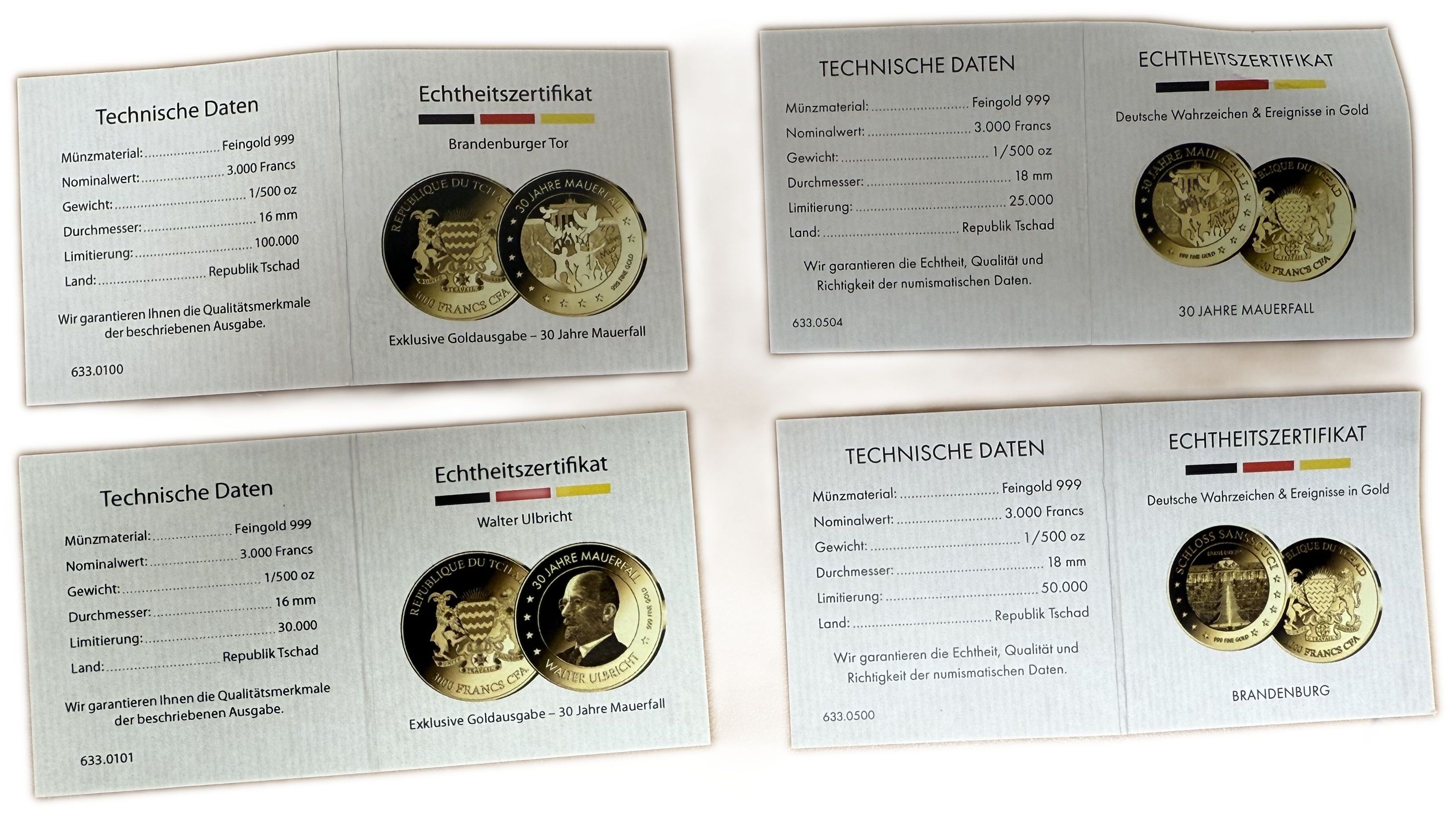Chad - 30th Anniversary of the Fall of the Berlin Wall Collection - 11×3,000 Franc Coins - .999 Gold, Approximately ... - 1 4