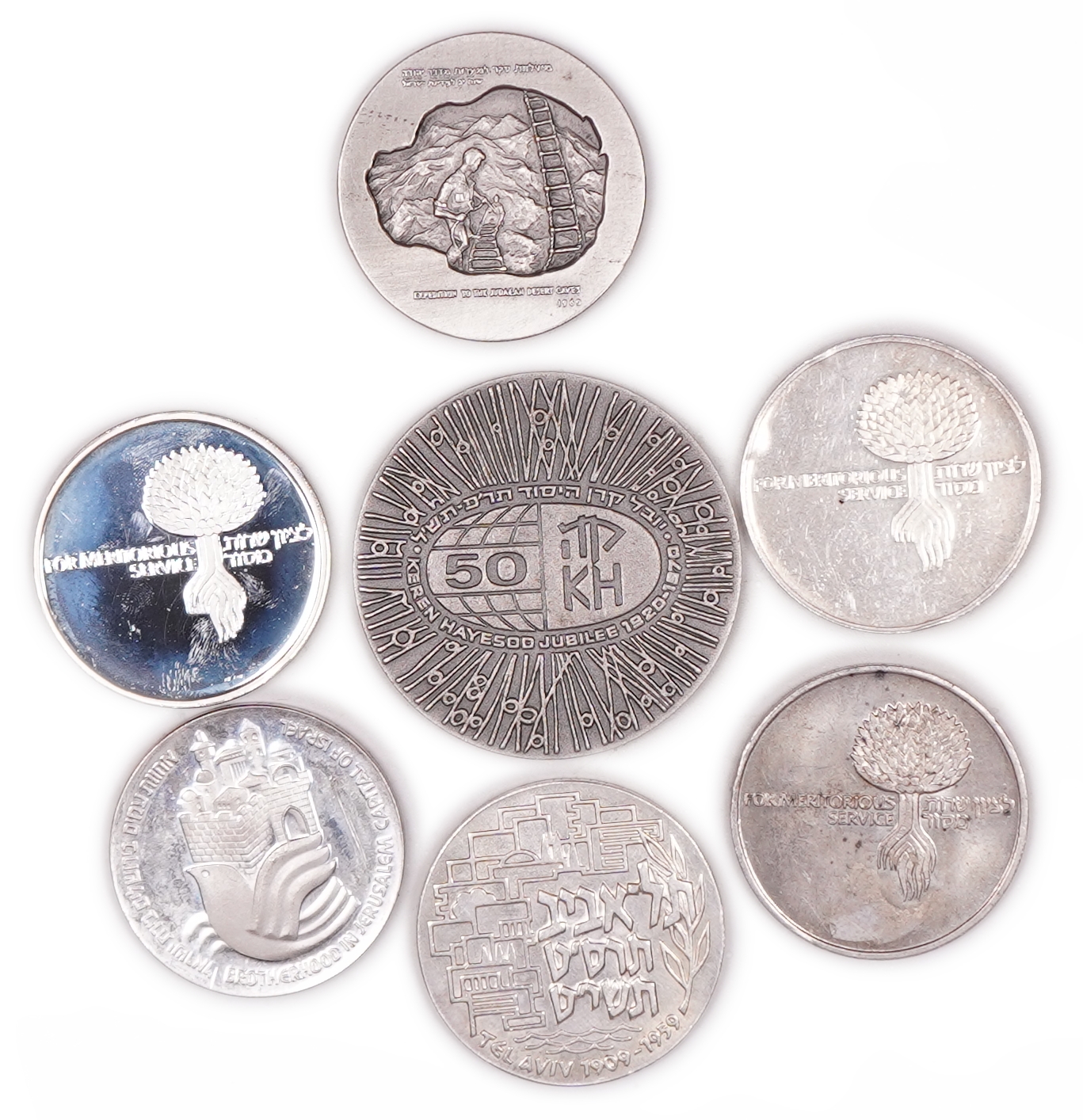 Israel - Group of 7 Silver Items: 6 Silver 935 Medals and One Silver 500 25 Lirot Coin - Total 192.58 g (Approx. ... - 1 1