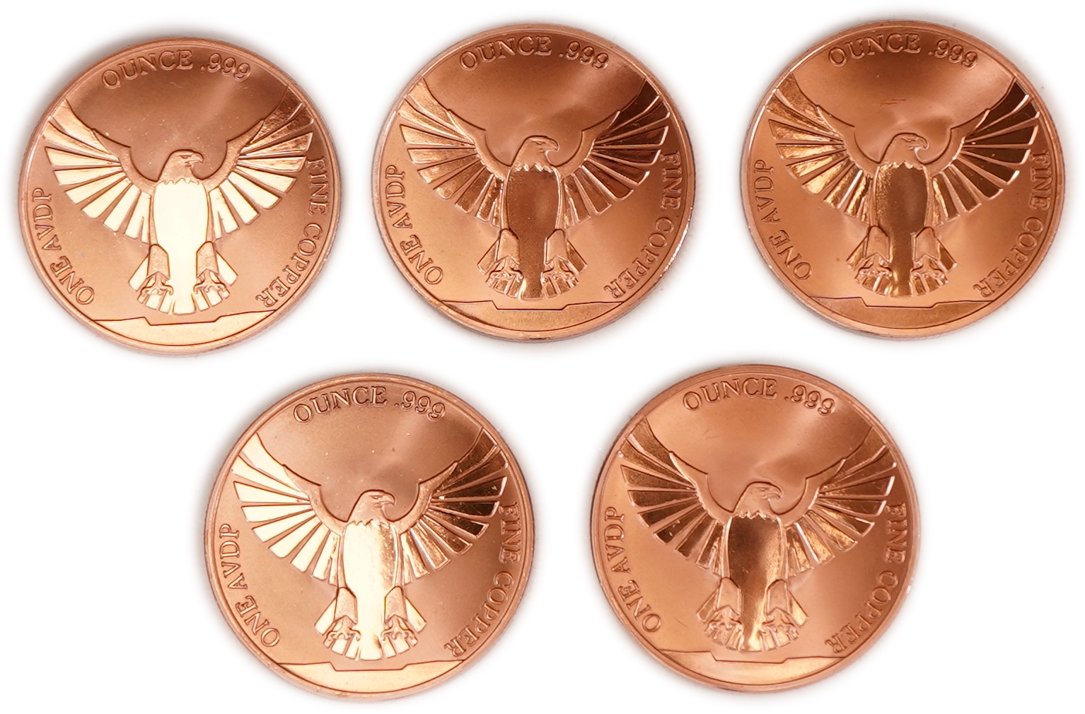 United States - Lot of 5 Round Copper Bars - American Eagle and United States Flag - .999 Copper, One Ounce Each - ... - 1 1